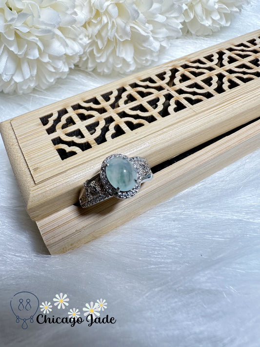 Translucent Oval Jadeite Jade Feicui Stone with Natural Blue Flowers Sterling Silver S925 Ring Adjustable Handmade Authentic Certified