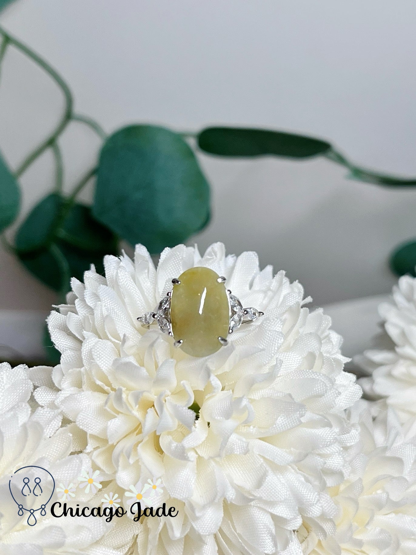 Elegant Yellow Large Oval Natural Jadeite Jade Feicui Ring Sterling Silver S925