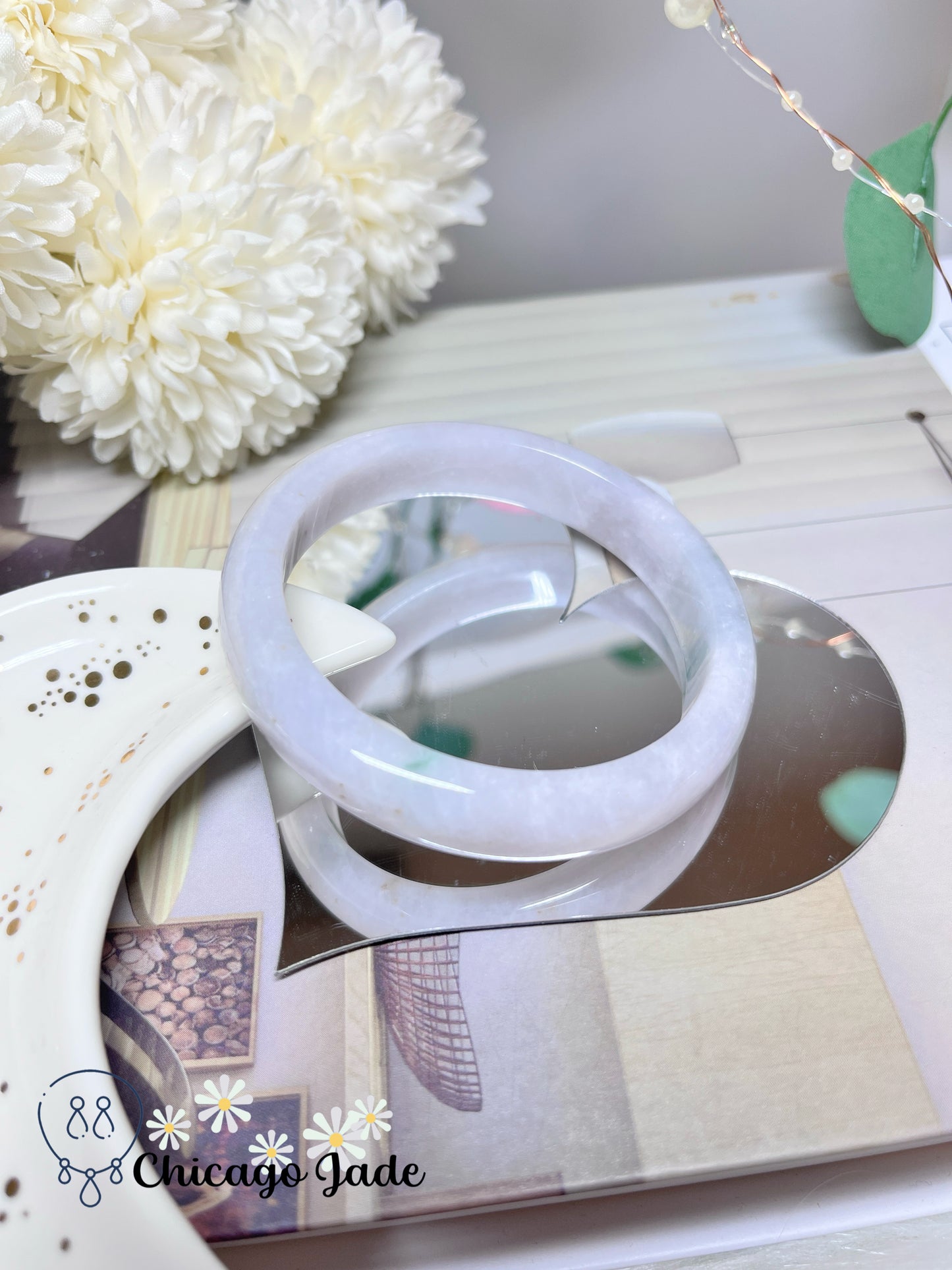 57.3mm Size M Icy Jelly White Base with Green Flower Natural Grade A Authentic Jadeite Jade Feicui Bangle Handmade Gift