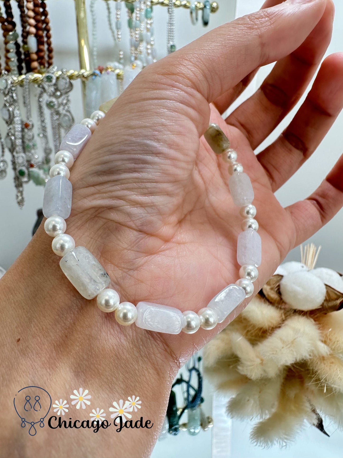 Pearl and jadeite beads mixed beaded bracelet - natural untreated