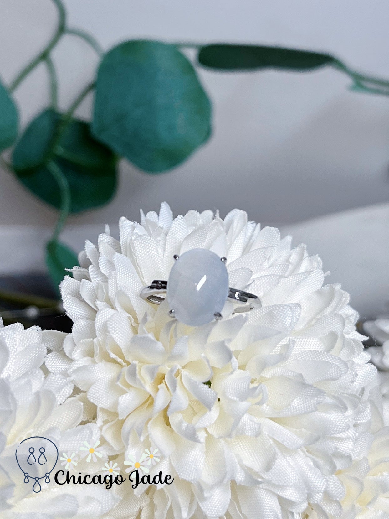 Oval Shaped Moonlight White Finely Polished Jadeite Jade Feicui Stone on Sterling Silver S925 Ring