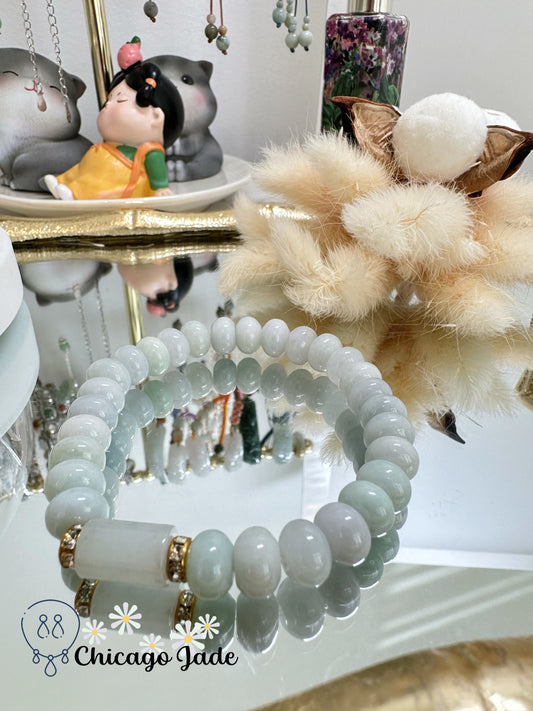 Milk white base light green blue purple donut beaded bracelet - natural untreated jadeite jade Grade A