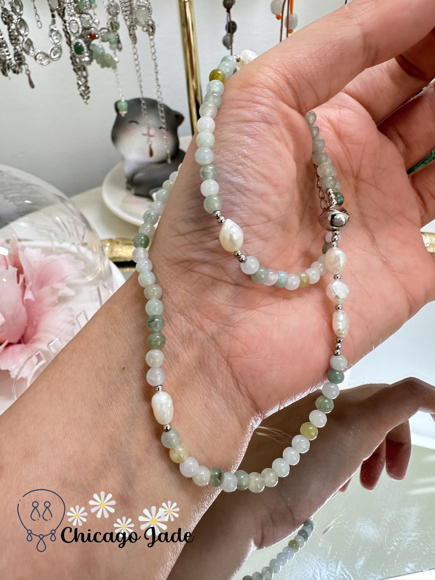 Long double round jadeite jade beaded bracelet with natural pearl for decoration - a designer piece