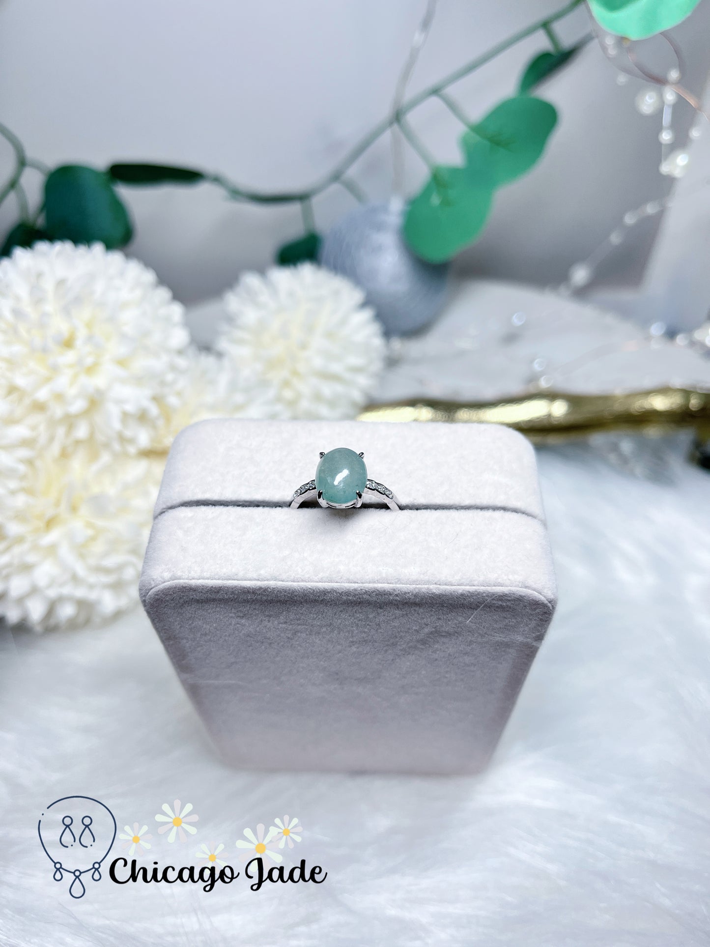 Greyish Green Blue Icy Natural Jadeite Jade Feicui Sterling Silver Ring Adjustable Handmade Authentic Certified Burma Jade