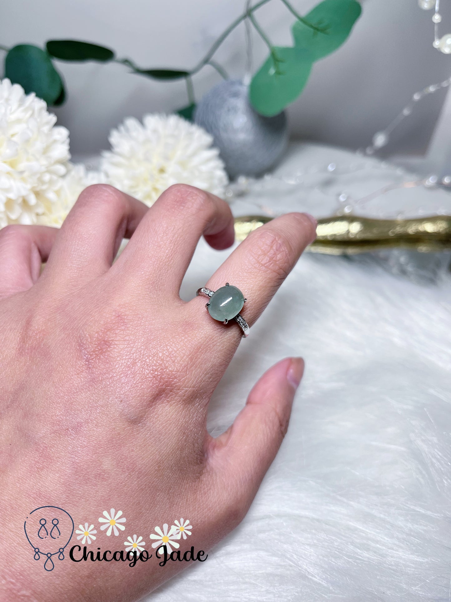 Greyish Green Blue Icy Natural Jadeite Jade Feicui Sterling Silver Ring Adjustable Handmade Authentic Certified Burma Jade