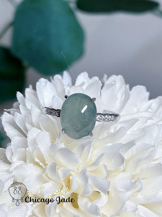 Greyish Green Blue Icy Natural Jadeite Jade Feicui Sterling Silver Ring Adjustable Handmade Authentic Certified Burma Jade