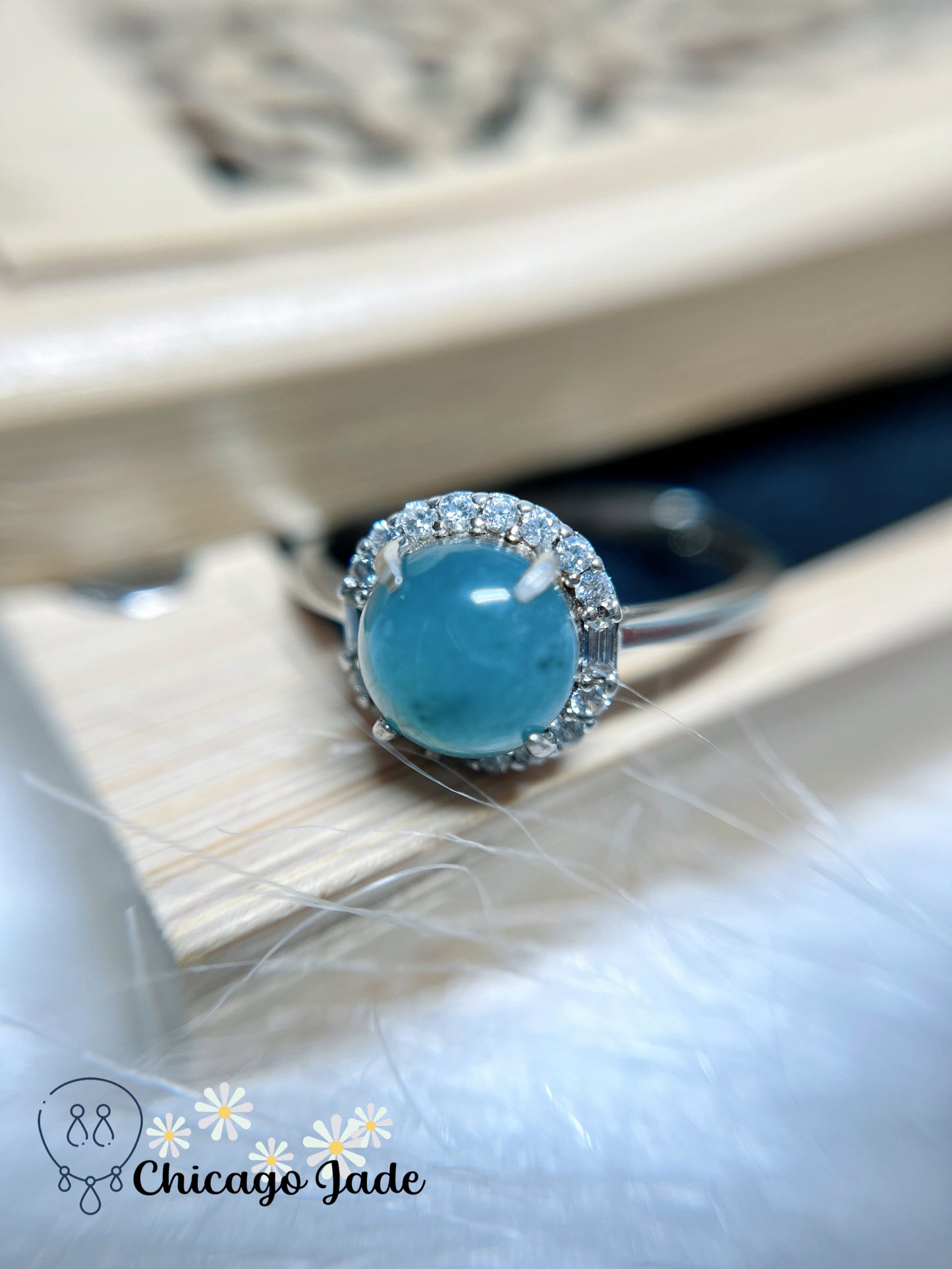 Rare Find Icy Lake Blue Natural Authentic Certified Grade A Burma Jadeite Jade Feicui Sterling Silver Ring Adjustable Handmade Gift