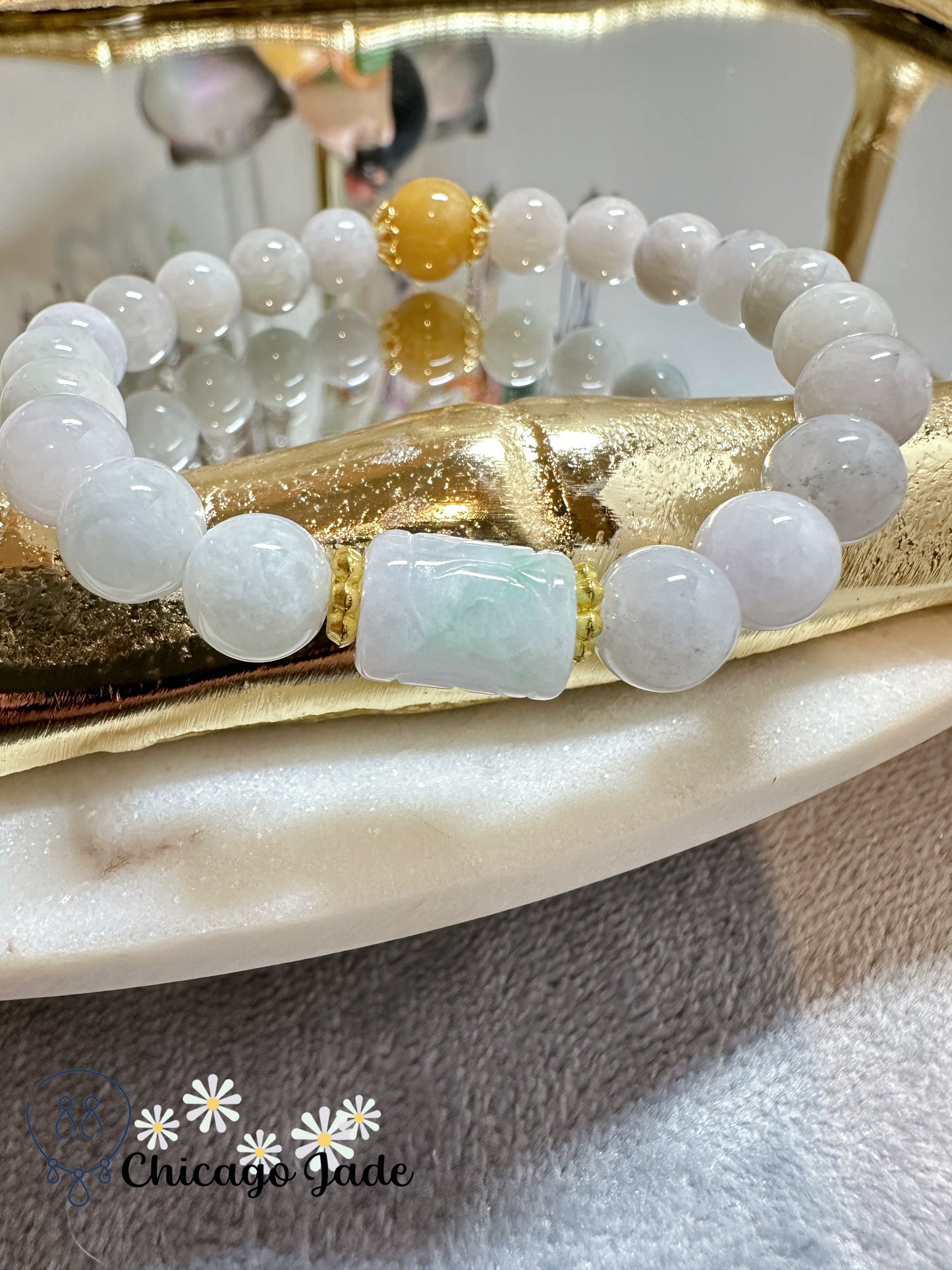 Moonlight white jadeite beads with a bright highlight bead authentic jadeite jade beaded bracelet