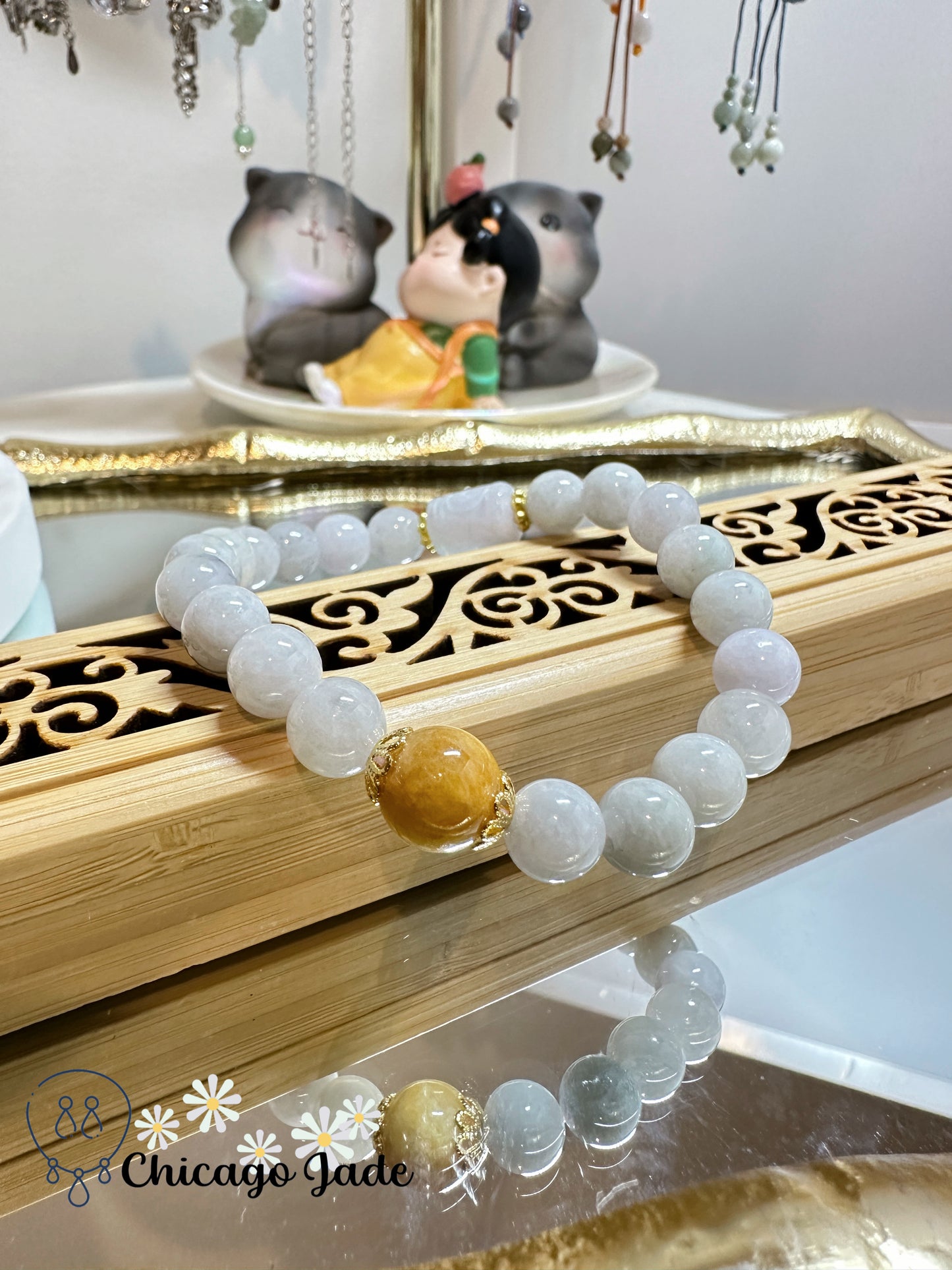 Moonlight white jadeite beads with a bright highlight bead authentic jadeite jade beaded bracelet