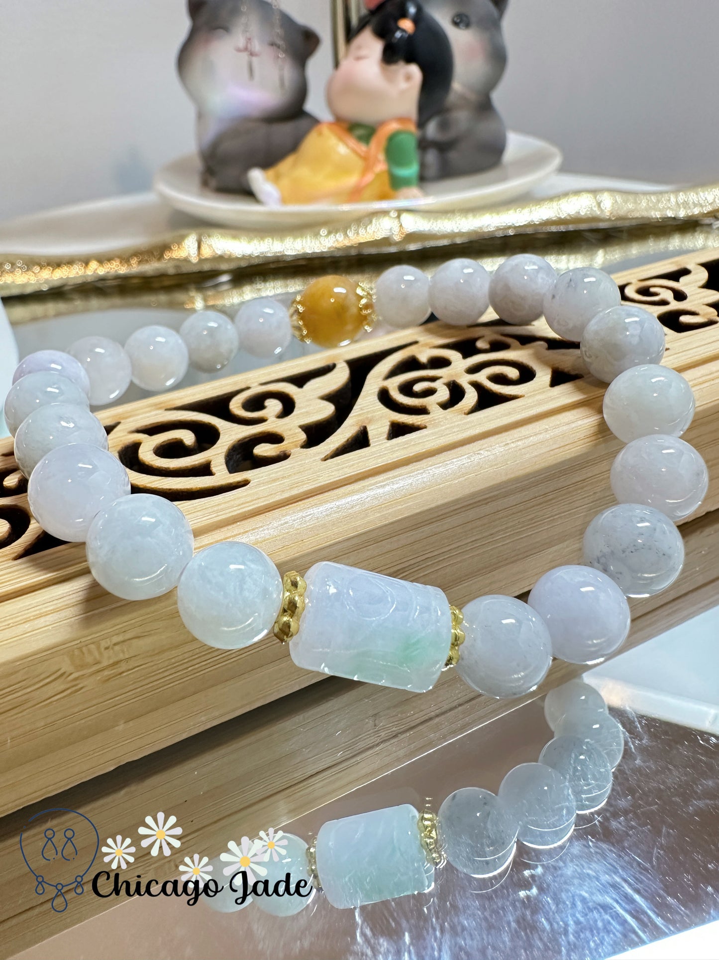 Moonlight white jadeite beads with a bright highlight bead authentic jadeite jade beaded bracelet