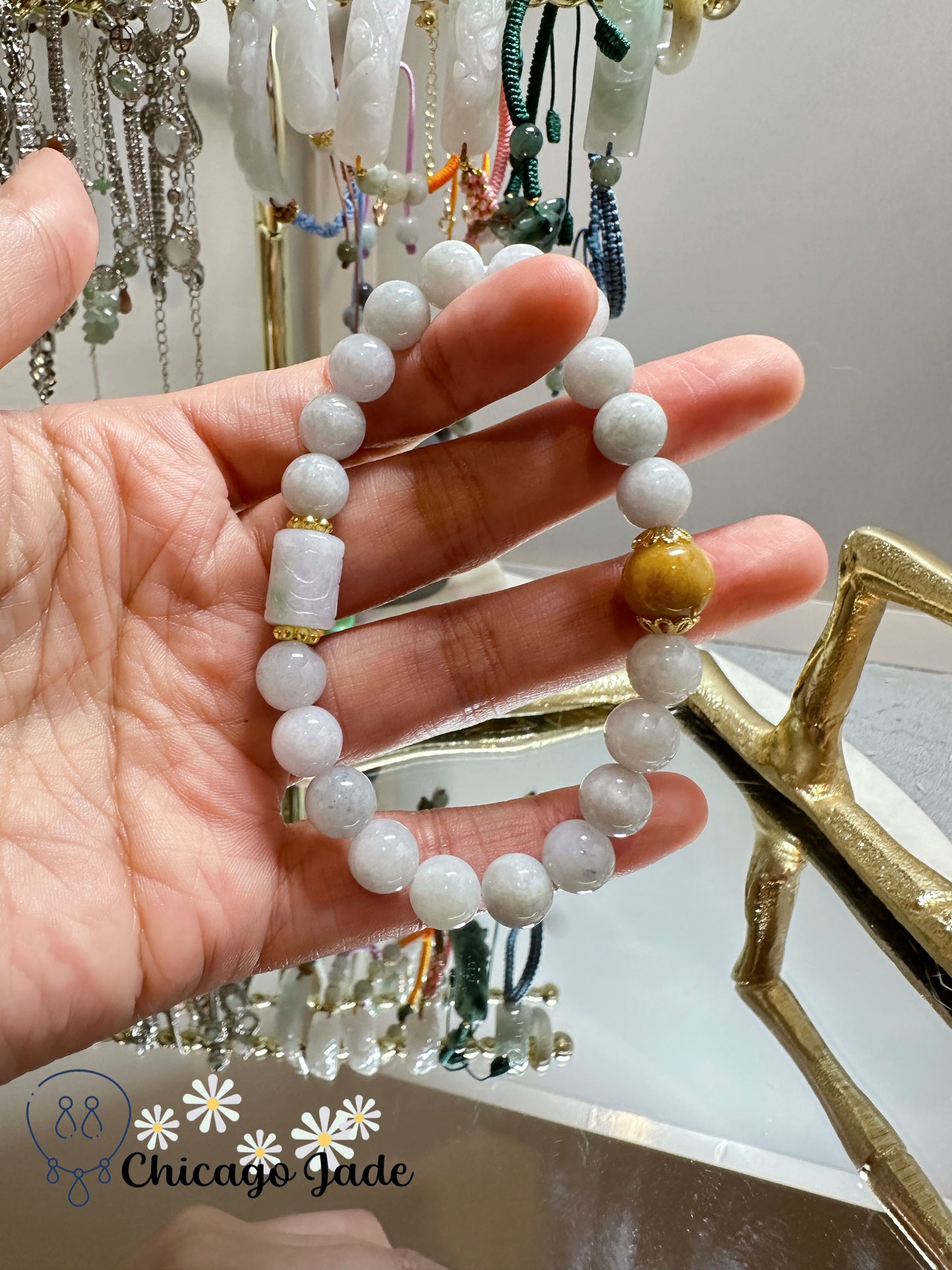 Moonlight white jadeite beads with a bright highlight bead authentic jadeite jade beaded bracelet