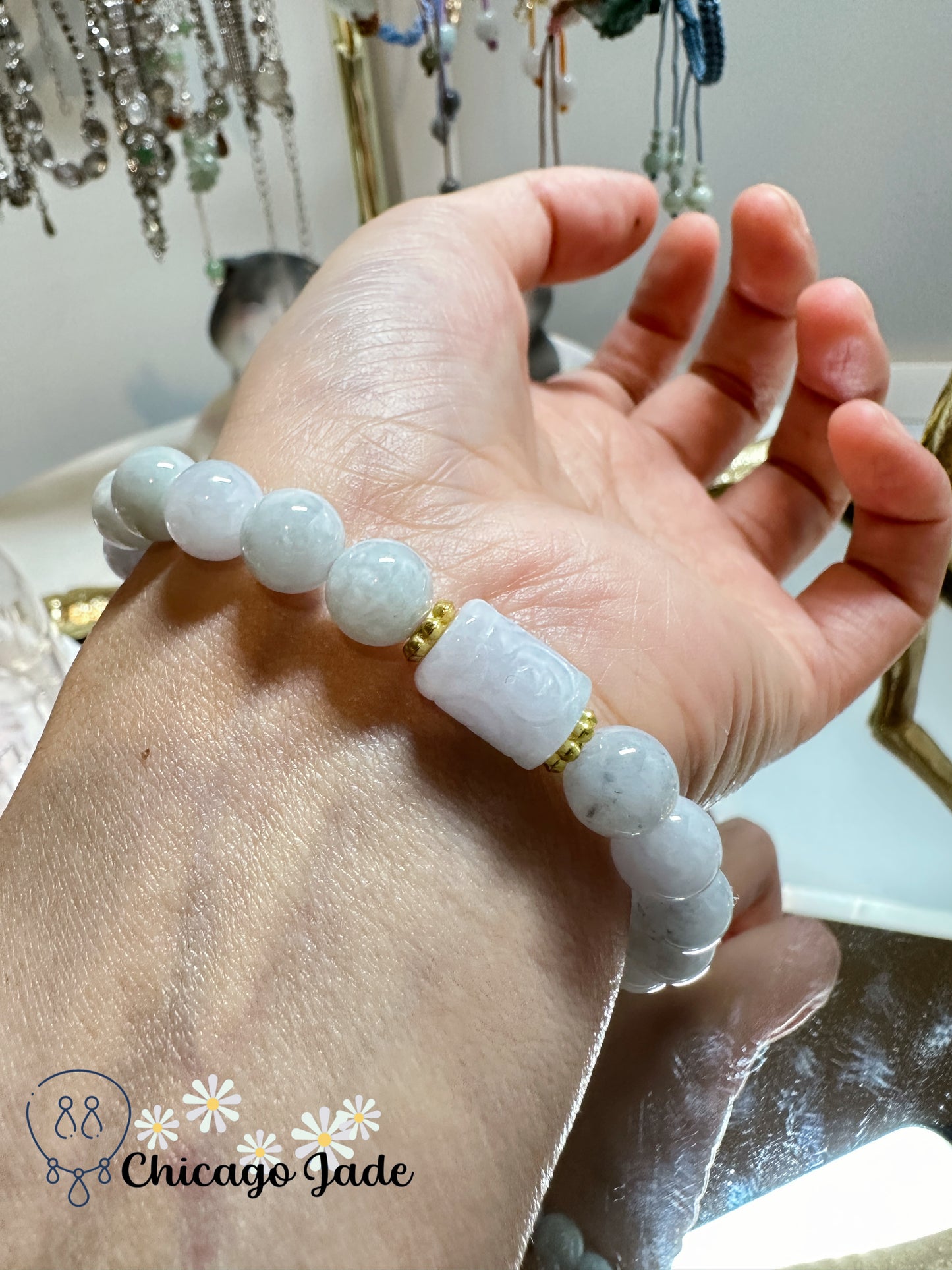 Moonlight white jadeite beads with a bright highlight bead authentic jadeite jade beaded bracelet