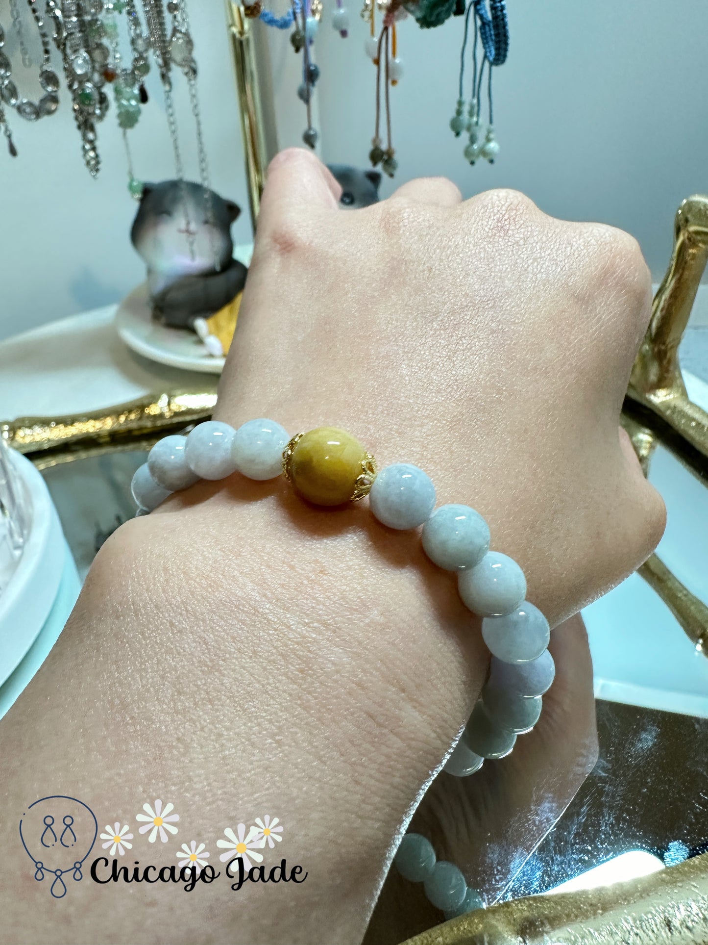 Moonlight white jadeite beads with a bright highlight bead authentic jadeite jade beaded bracelet