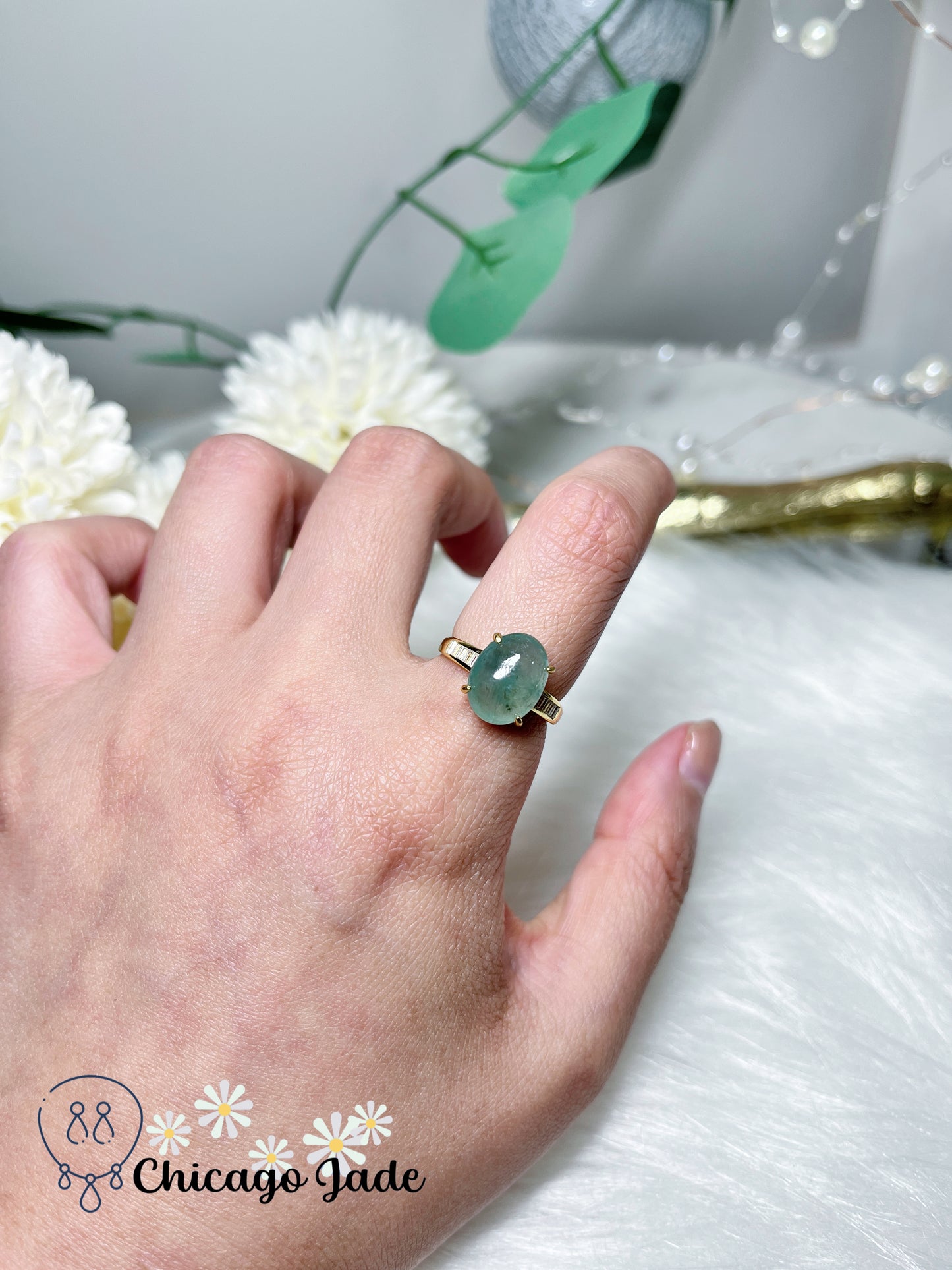 High Quality Icy Green Base with Darker Green Highlights Natural Authentic Untreated Burma Jadeite Jade Feicui Sterling Silver Ring Adjustable Size Certified Handmade Gift