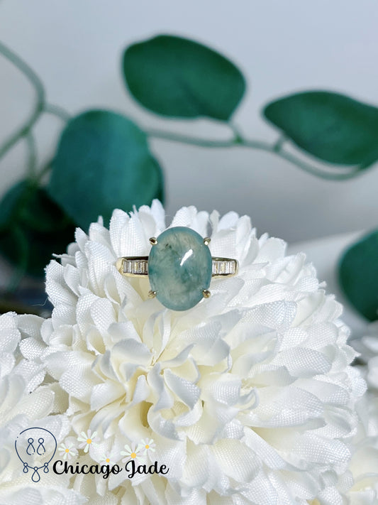 High Quality Icy Green Base with Darker Green Highlights Natural Authentic Untreated Burma Jadeite Jade Feicui Sterling Silver Ring Adjustable Size Certified Handmade Gift