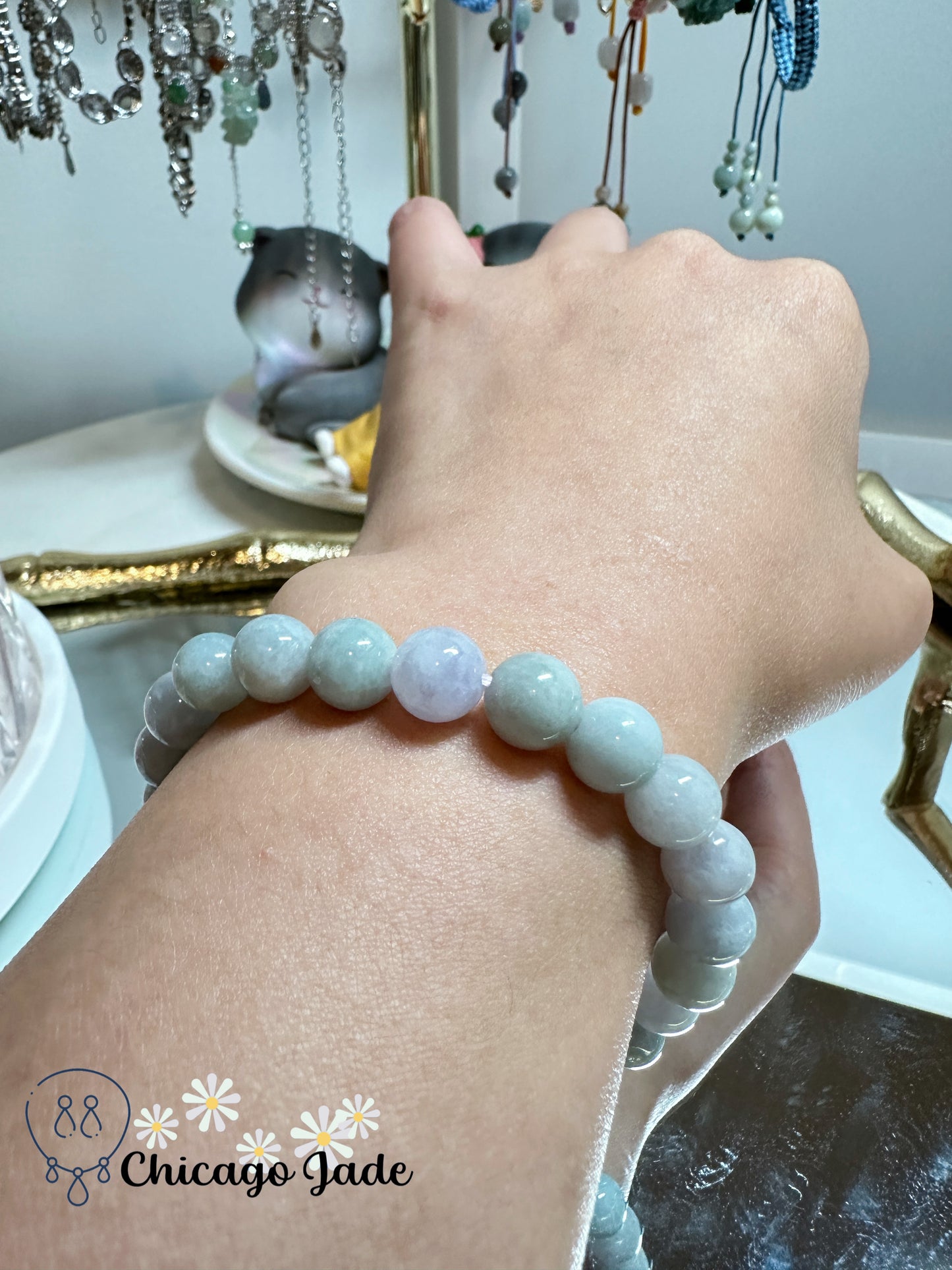 Milky base with a tint green tone jadeite jade beaded bracelet