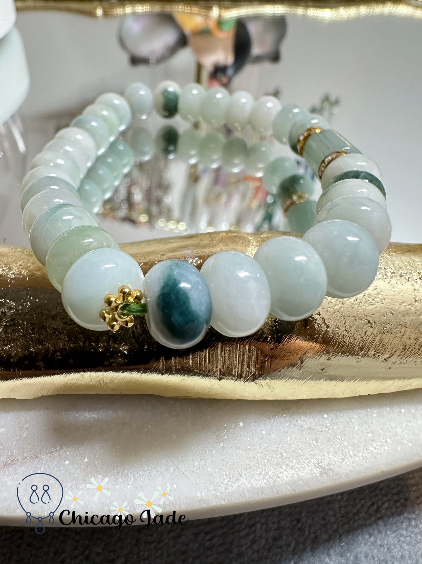 Donut shaped jadeite beads with cylinder green main bead jadeite jade beaded bracelet