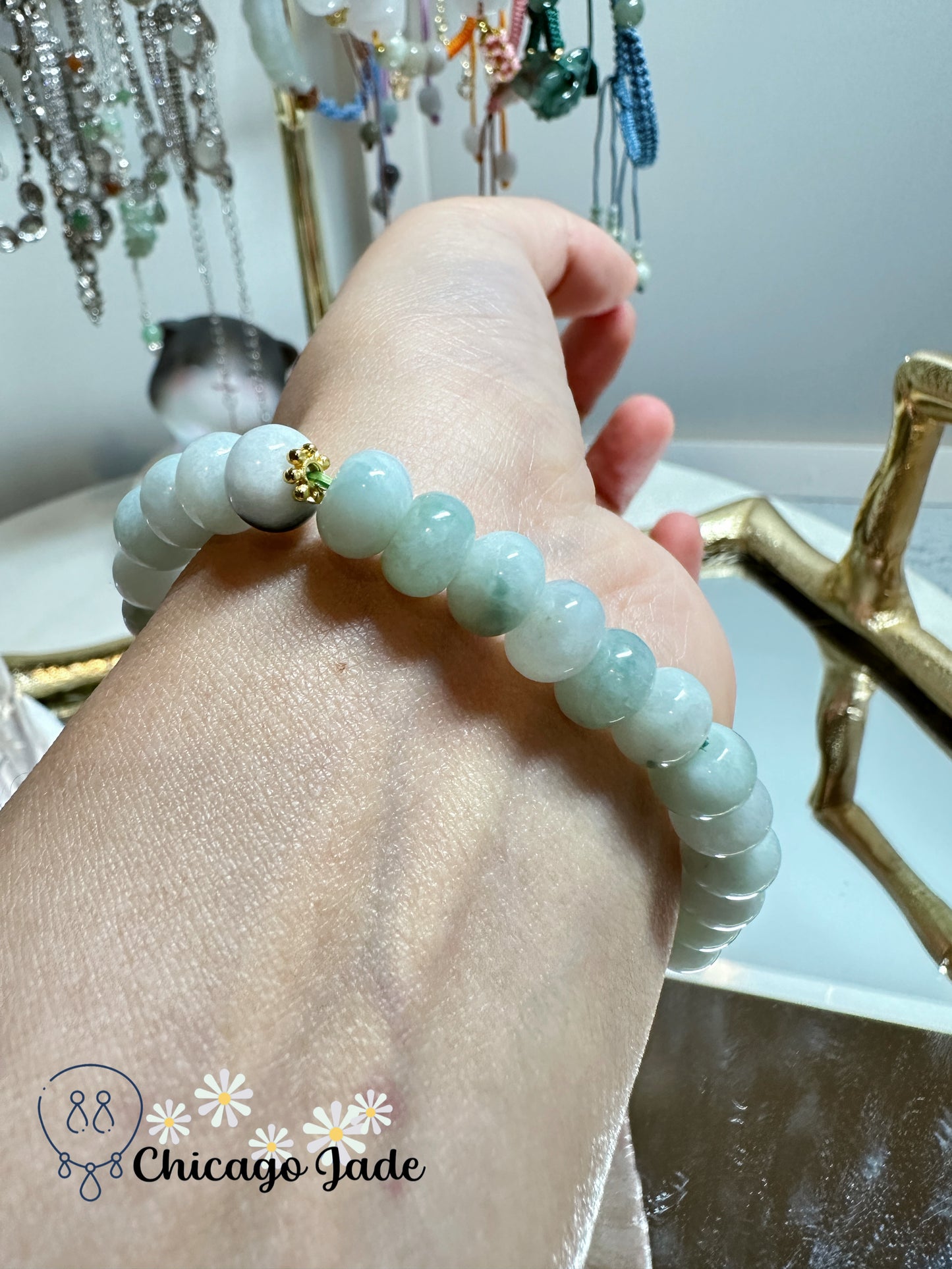 Donut shaped jadeite beads with cylinder green main bead jadeite jade beaded bracelet