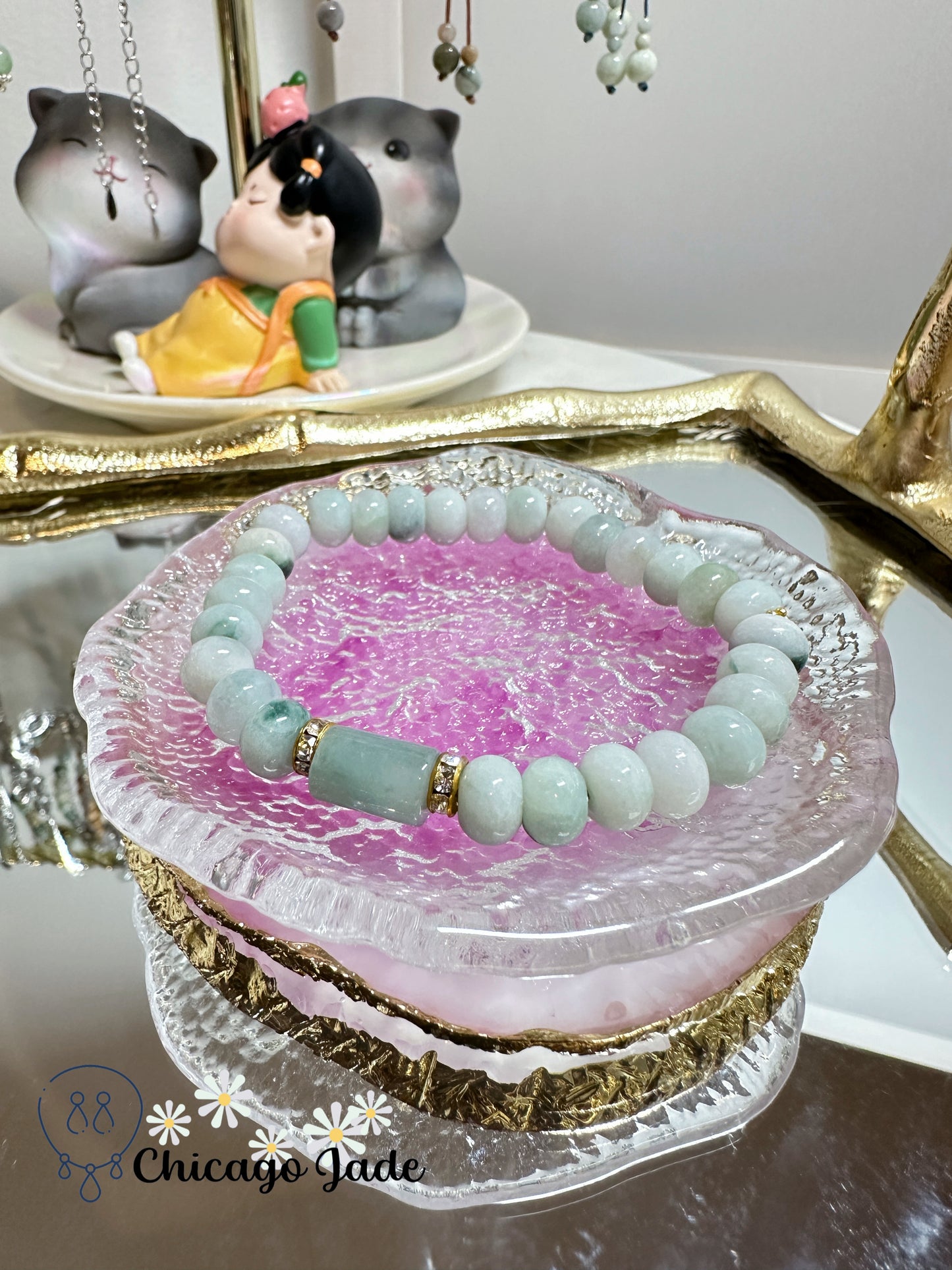 Donut shaped jadeite beads with cylinder green main bead jadeite jade beaded bracelet