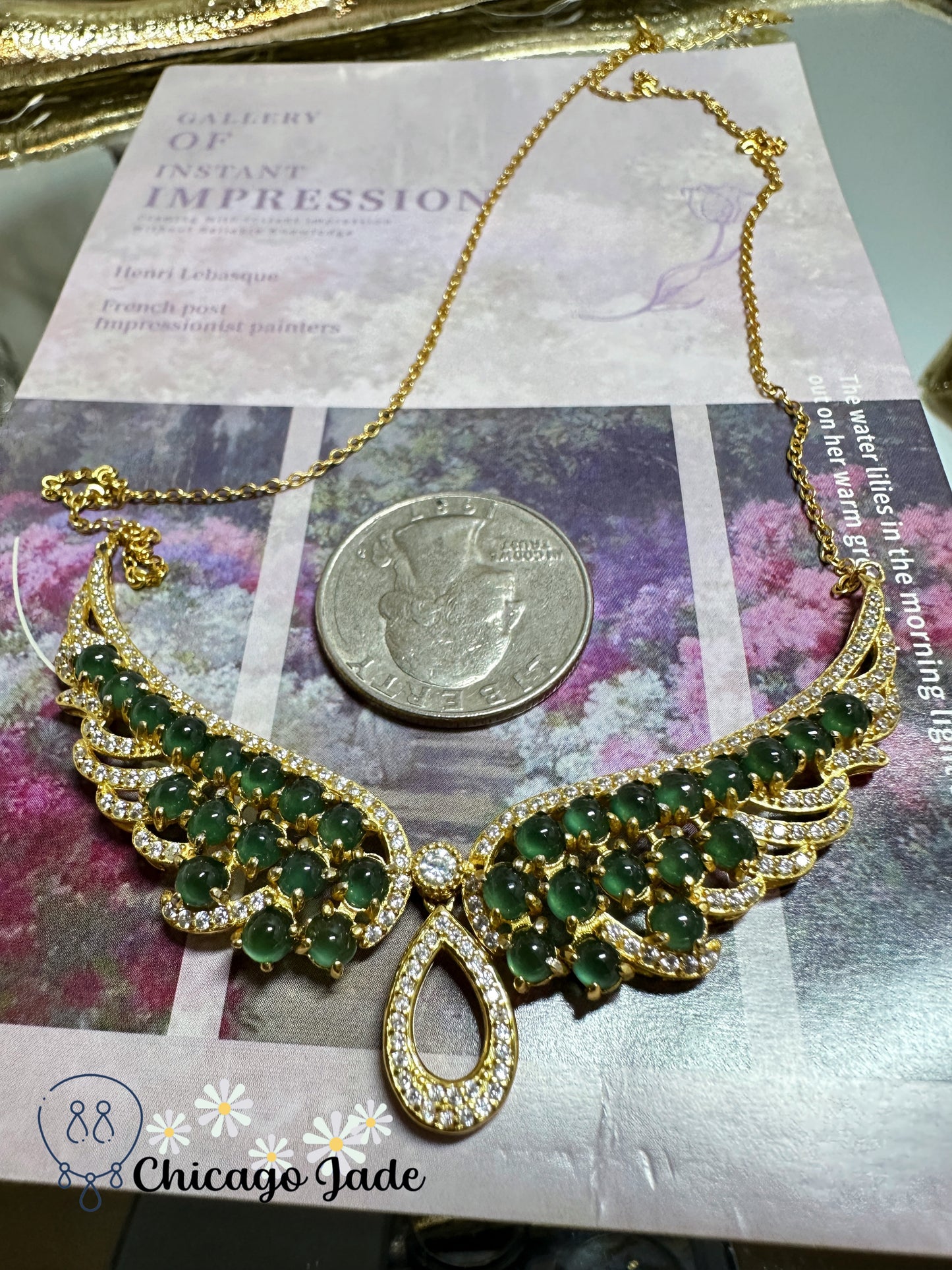 Luxury angel wings with deep green jadeite jade and zircon in sterling silver necklace