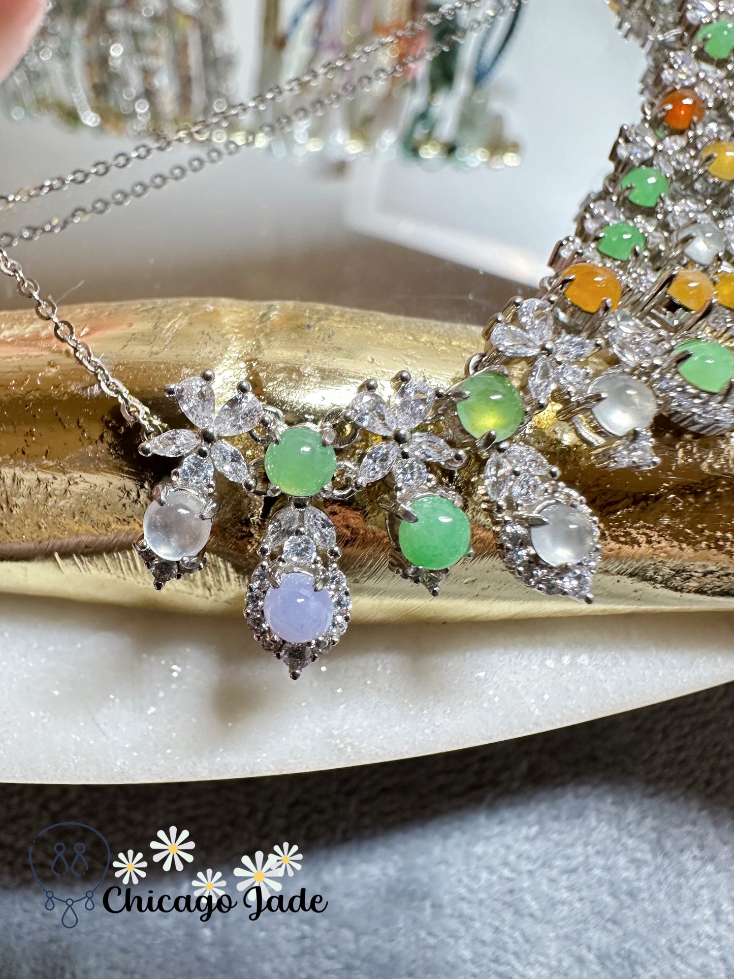 Luxury rainbow jadeite jade and zircon in sterling silver cleopatra necklace