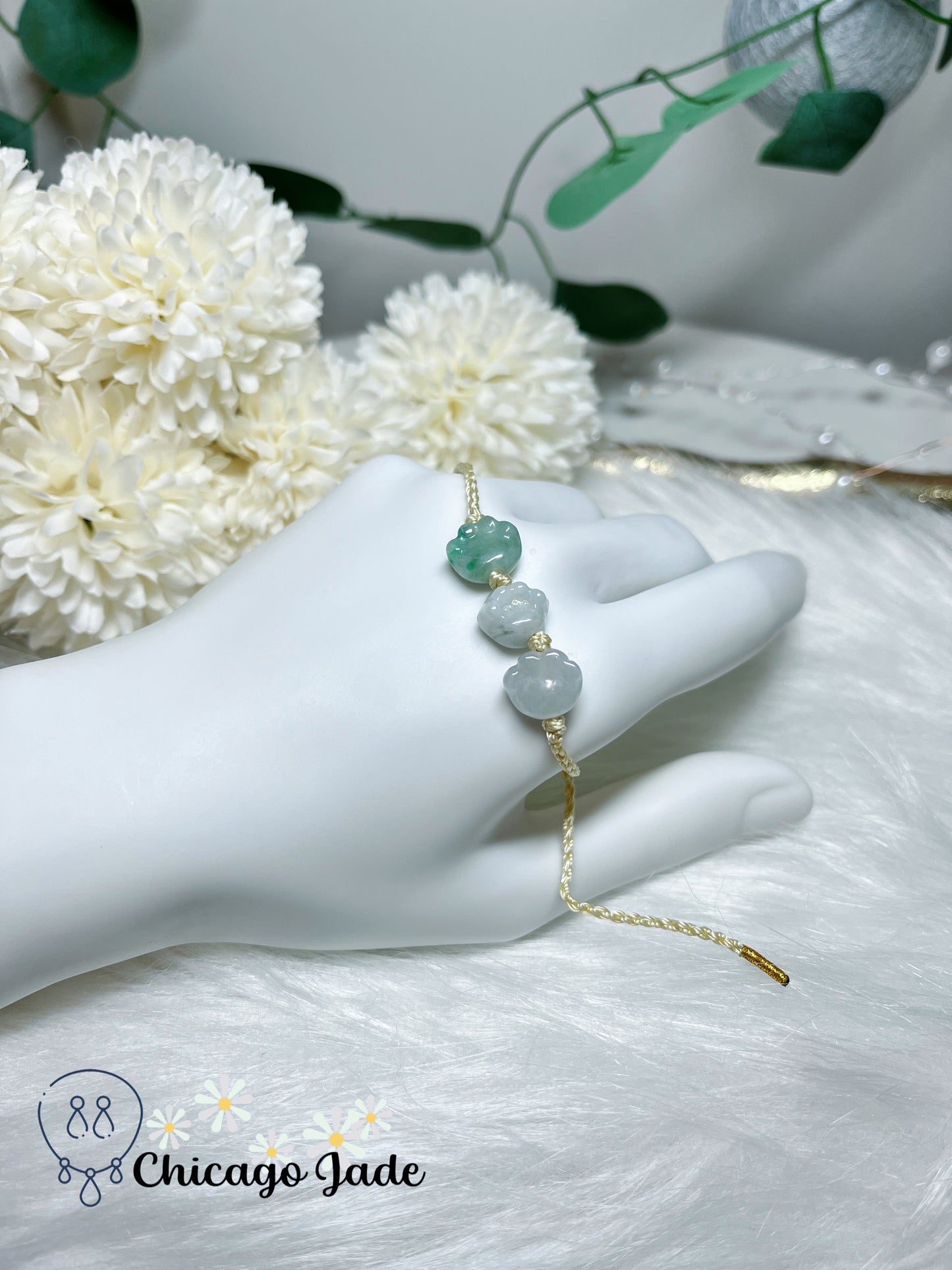 Tri-Stone Dainty Jadeite Jade Feicui Carved Animal Paw Design Cute Adjustable Rope Bracelet Authentic Natural Burma