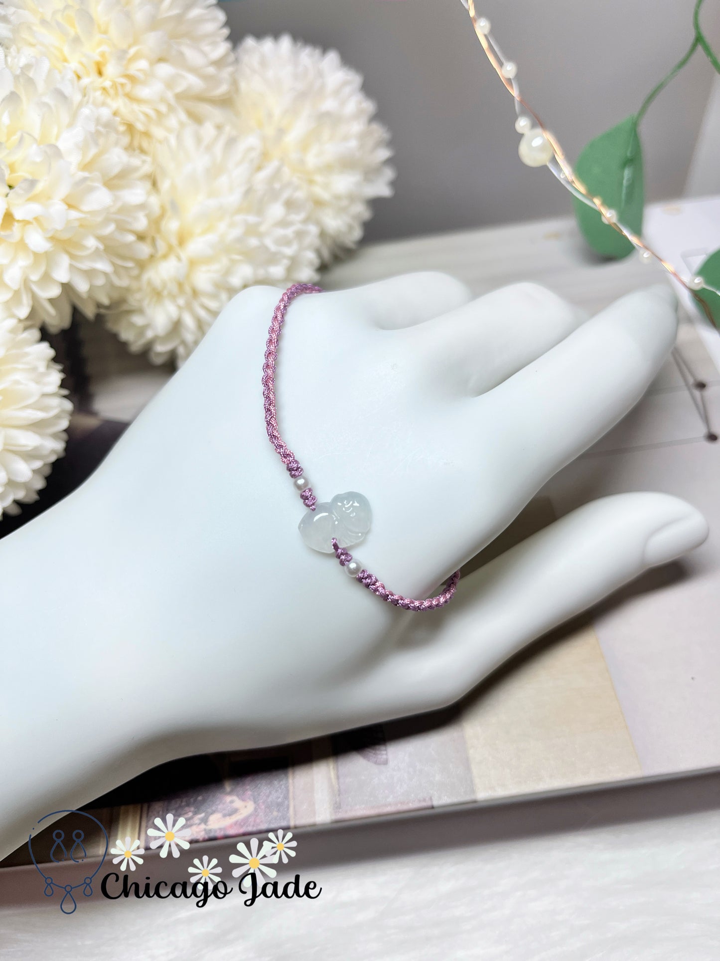 Icy Translucent Dainty High Quality Dainty Carved Jadeite Jade Feicui Fairy on Purple Rope Bracelet Handmade Gift