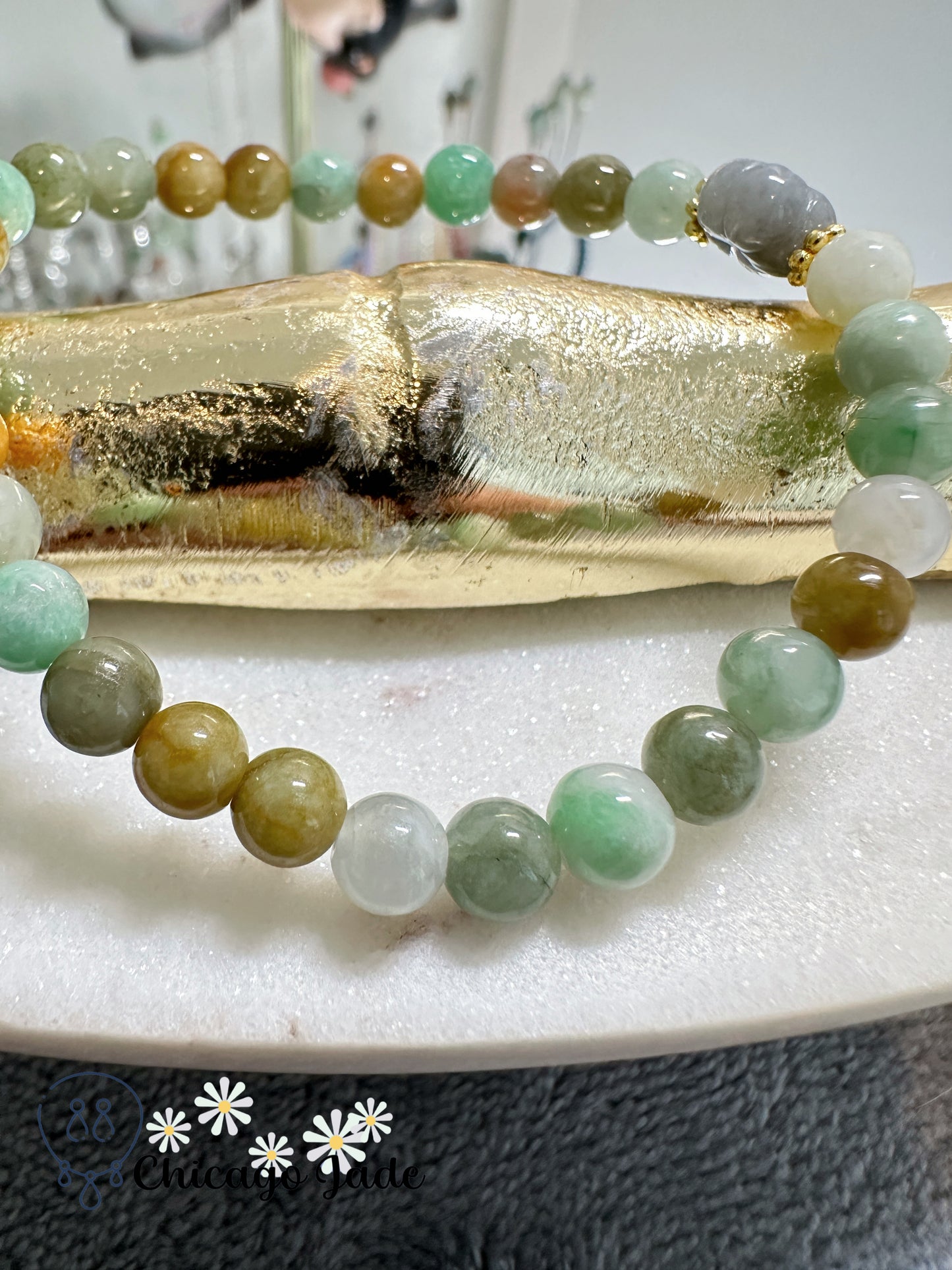 Multi-color oil painting color with dark grey carved flower jadeite jade beaded bracelet - natural untreated adjustable