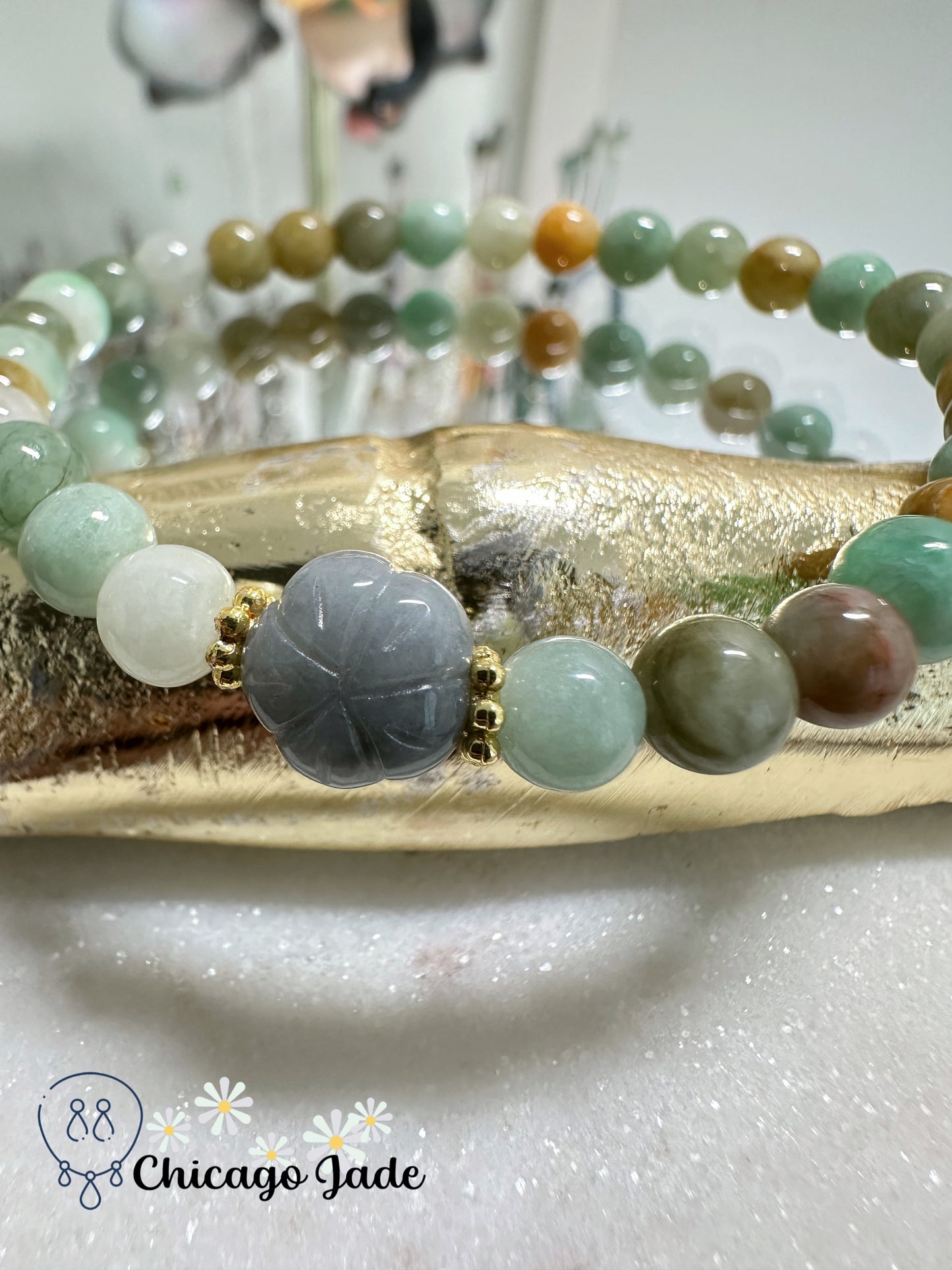 Multi-color oil painting color with dark grey carved flower jadeite jade beaded bracelet - natural untreated adjustable