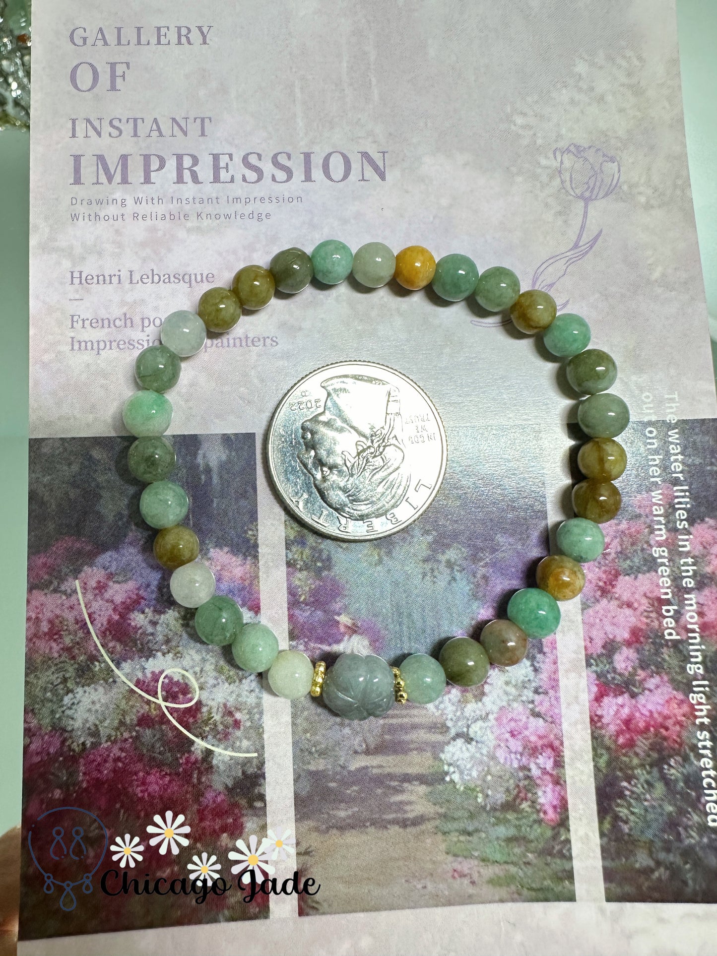 Multi-color oil painting color with dark grey carved flower jadeite jade beaded bracelet - natural untreated adjustable