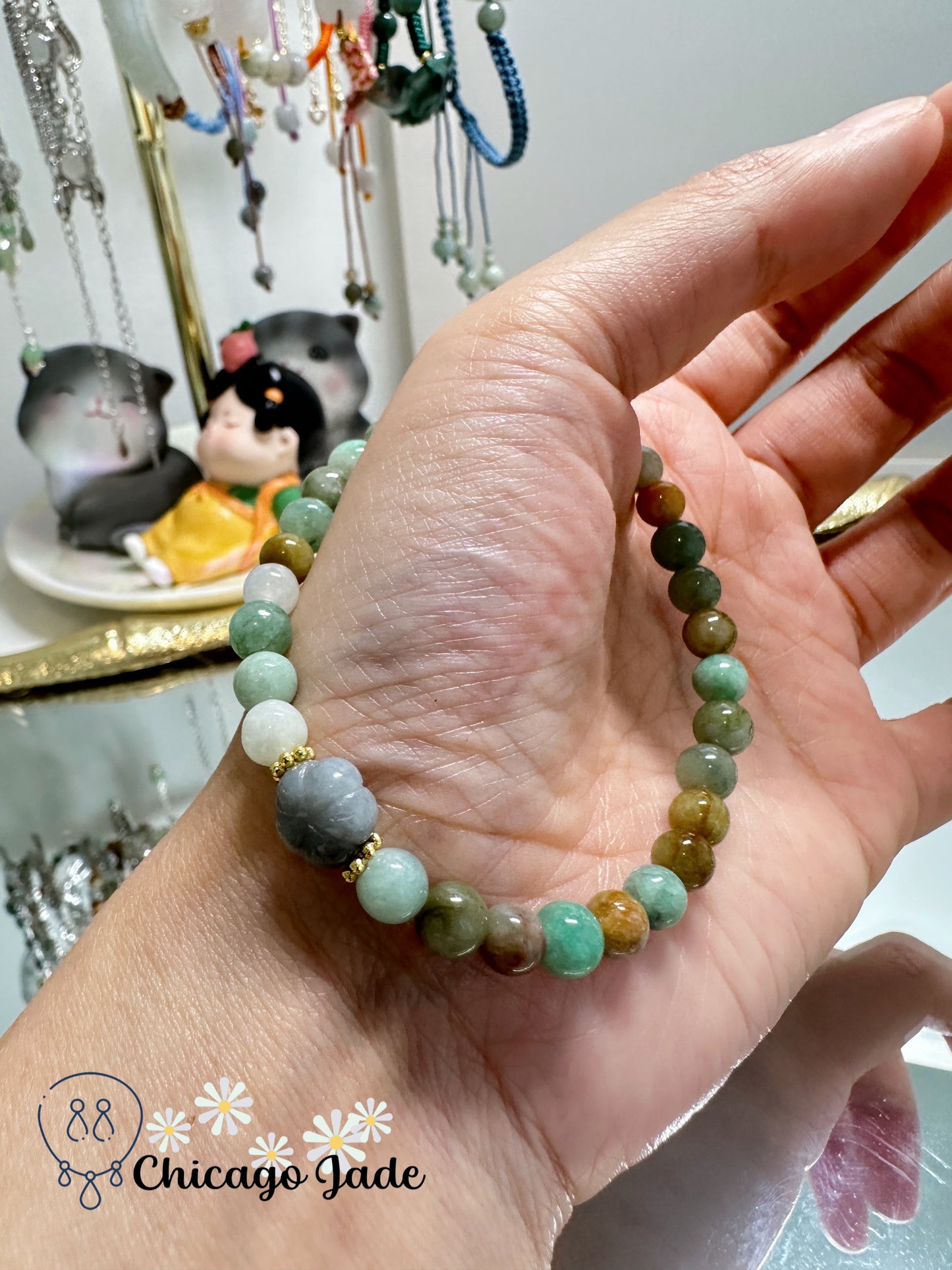 Multi-color oil painting color with dark grey carved flower jadeite jade beaded bracelet - natural untreated adjustable