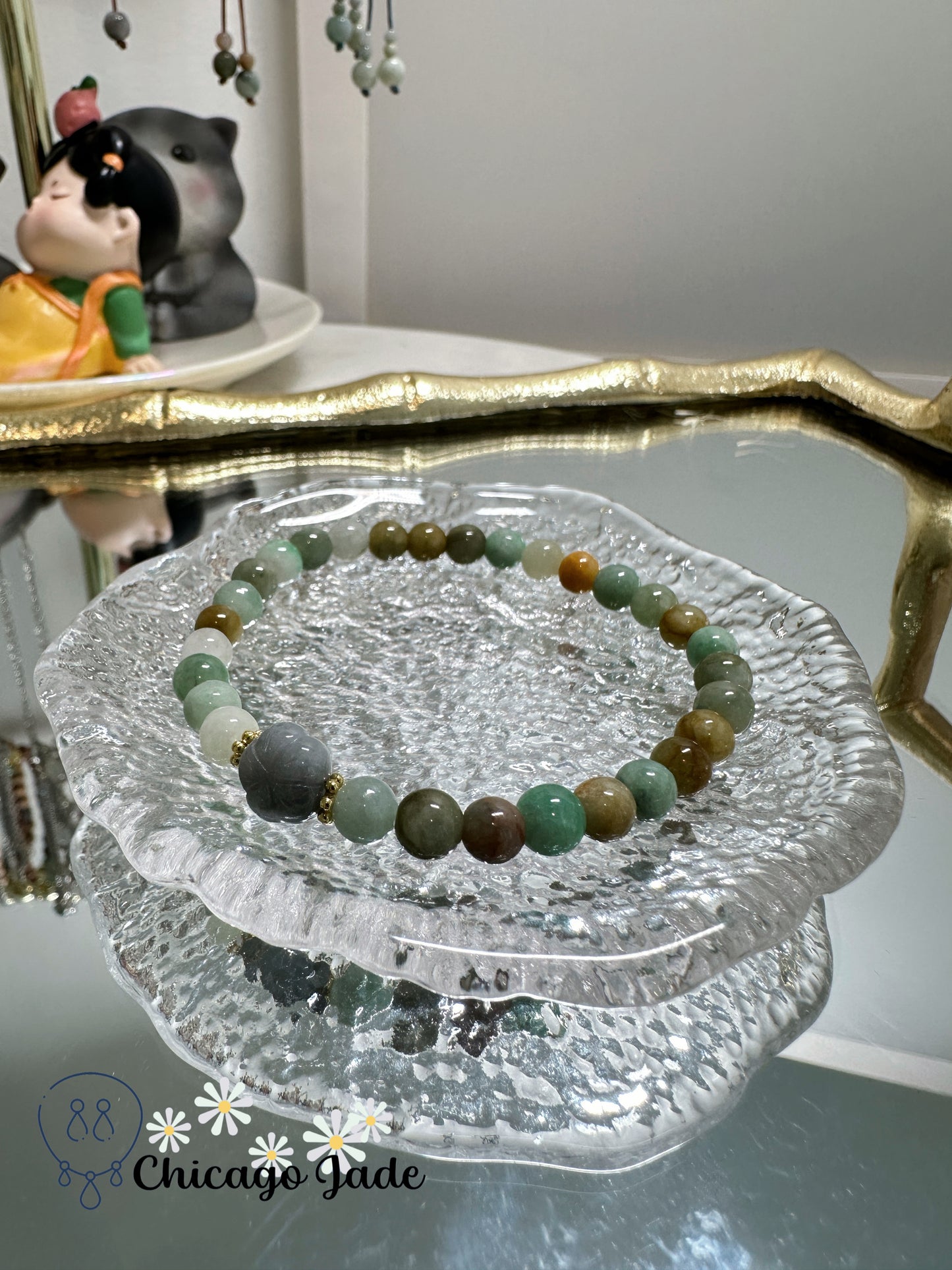 Multi-color oil painting color with dark grey carved flower jadeite jade beaded bracelet - natural untreated adjustable