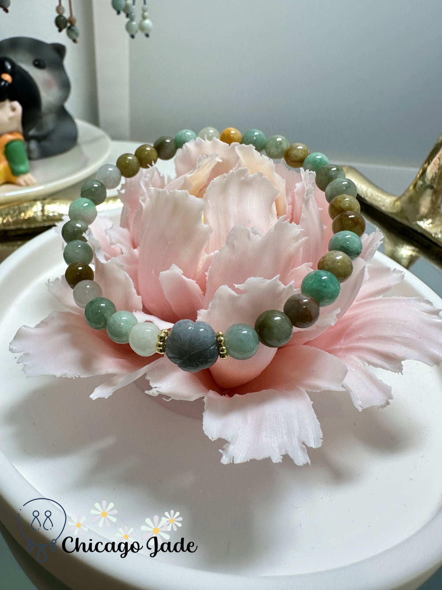 Multi-color oil painting color with dark grey carved flower jadeite jade beaded bracelet - natural untreated adjustable