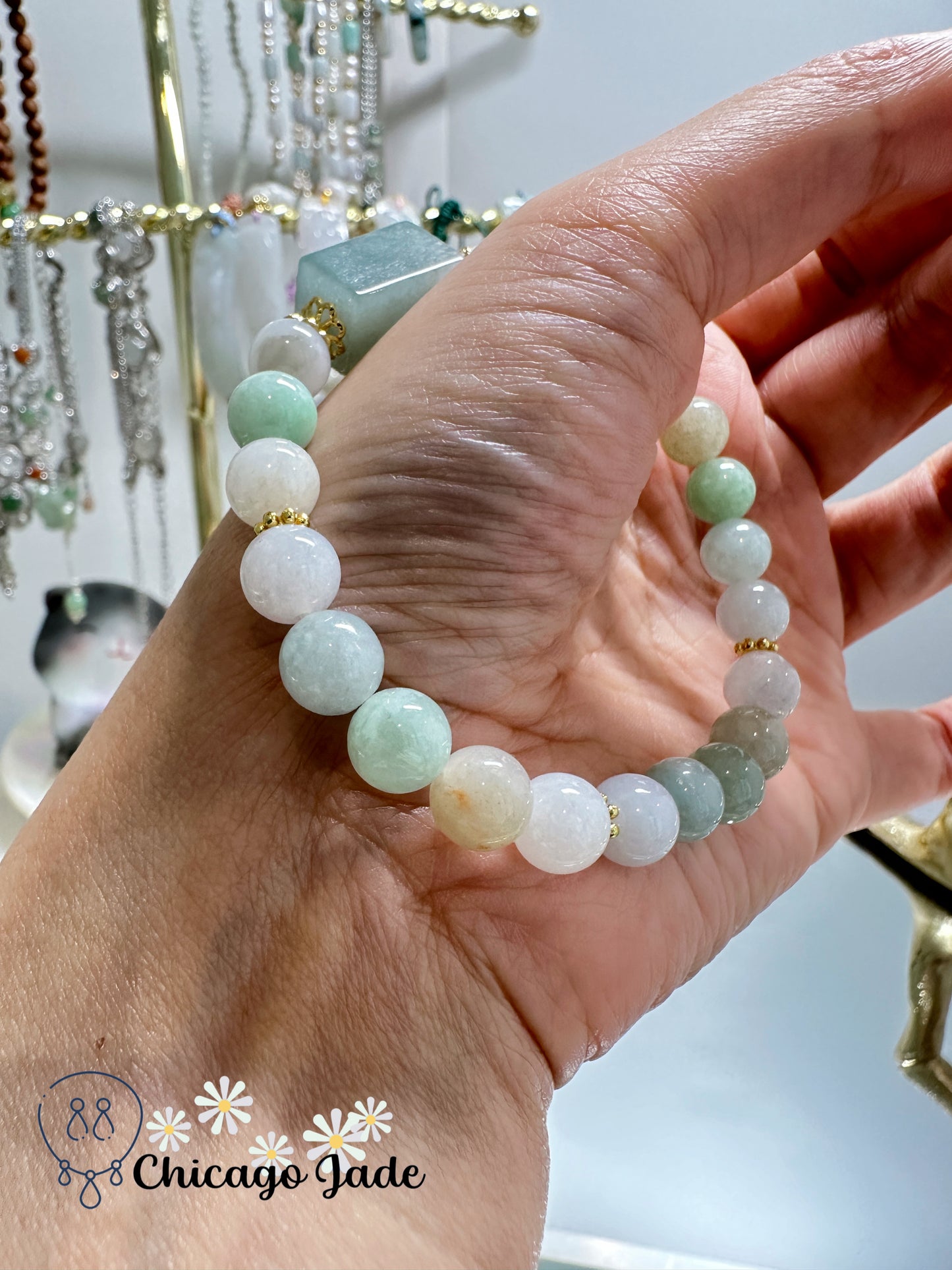 Elegant multi-color light green blue pink white jadeite jade beaded bracelet - natural handmade adjustable