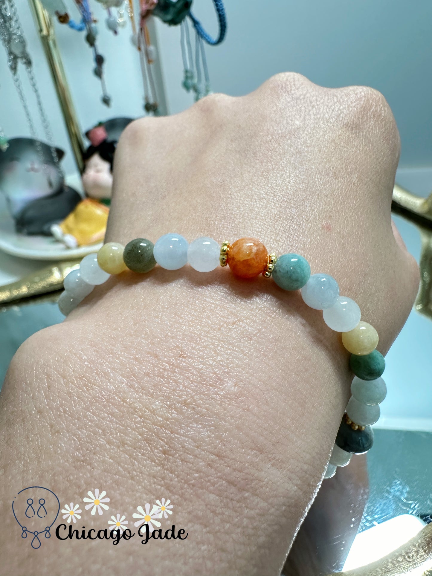 Multi-color finely polished handmade jadeite jade bracelet - adjustable eye-catching bright orange