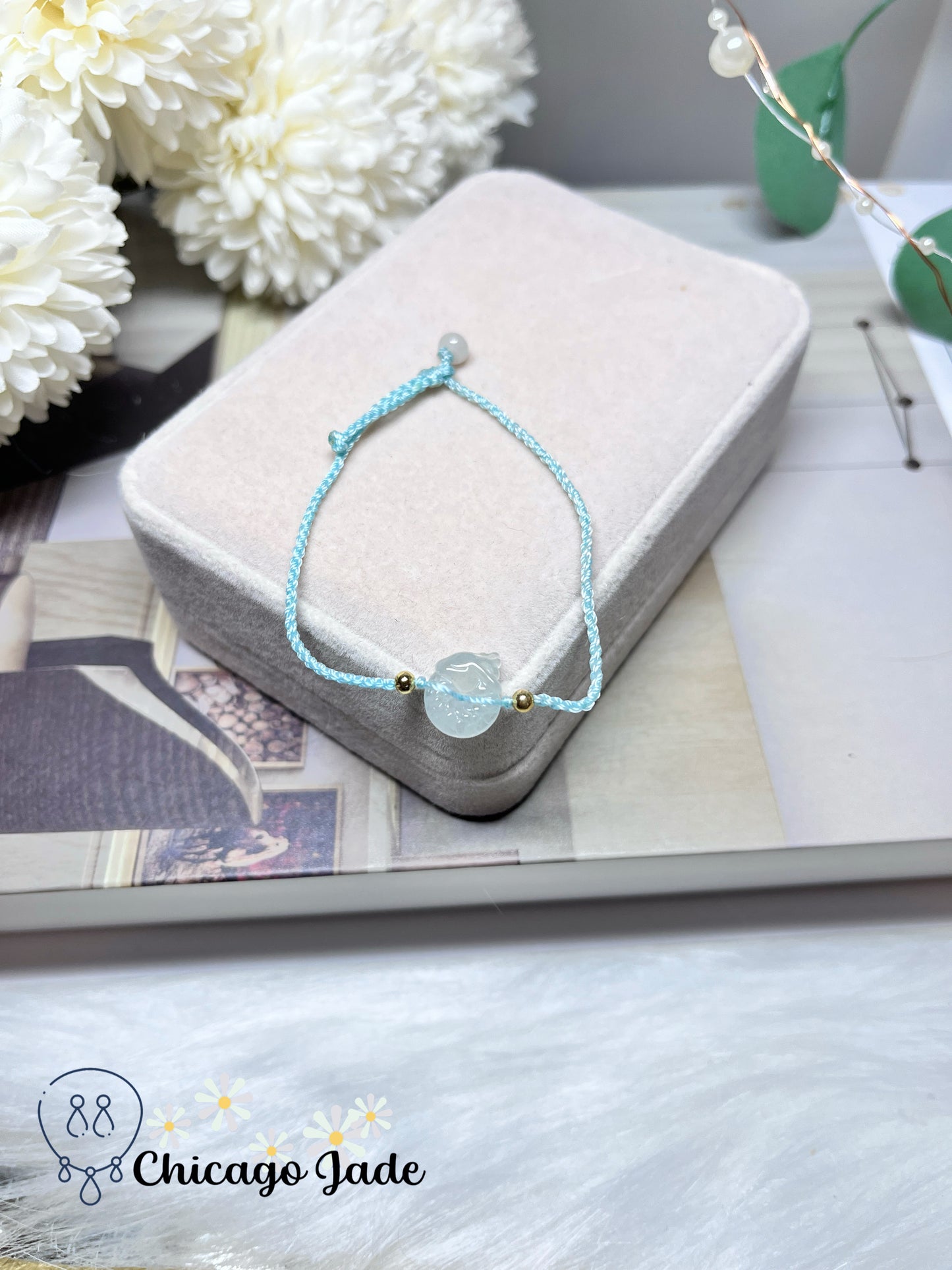 Icy Translucent High Quality Dainty Finely Carved Natural Jadeite Jade Feicui Dragon Loop on Sky Blue Rope Bracelet Handmade Gift