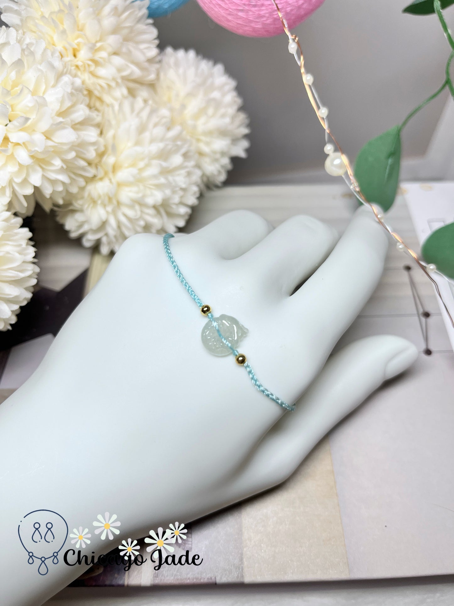 Icy Translucent High Quality Dainty Finely Carved Natural Jadeite Jade Feicui Dragon Loop on Sky Blue Rope Bracelet Handmade Gift