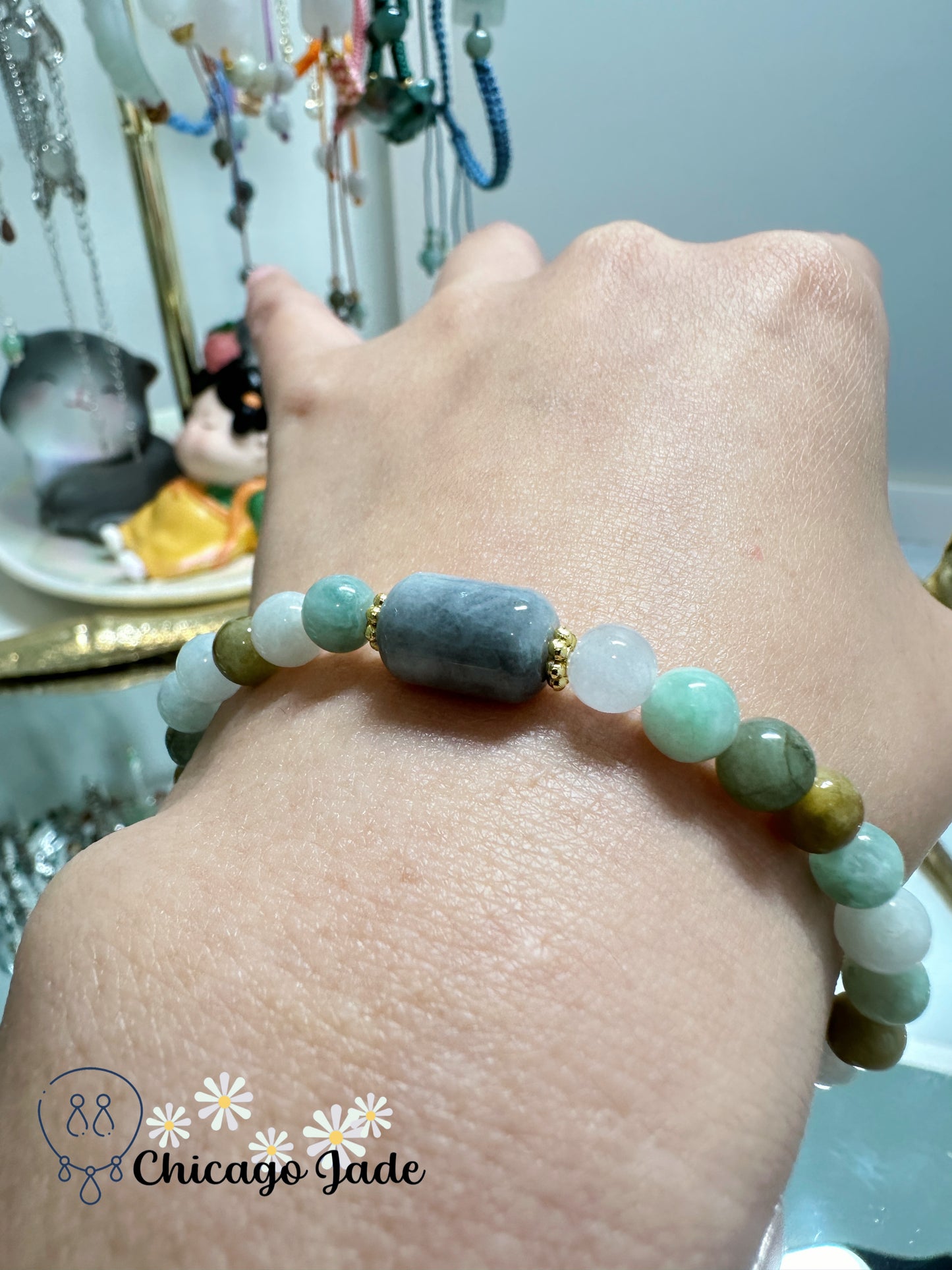 Multi-color dark grey barrel beaded bracelet - jadeite jade natural untreated adjustable