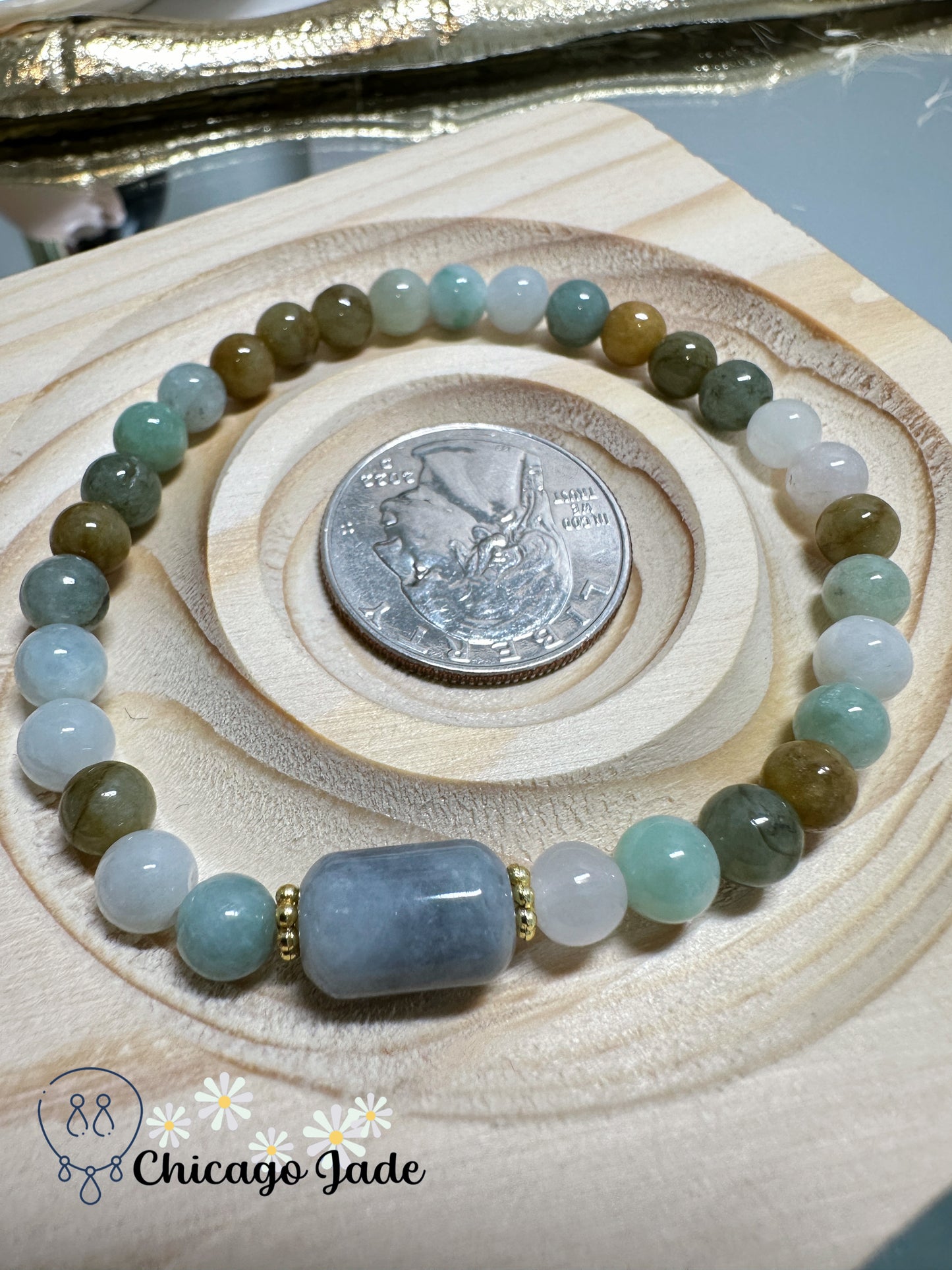 Multi-color dark grey barrel beaded bracelet - jadeite jade natural untreated adjustable