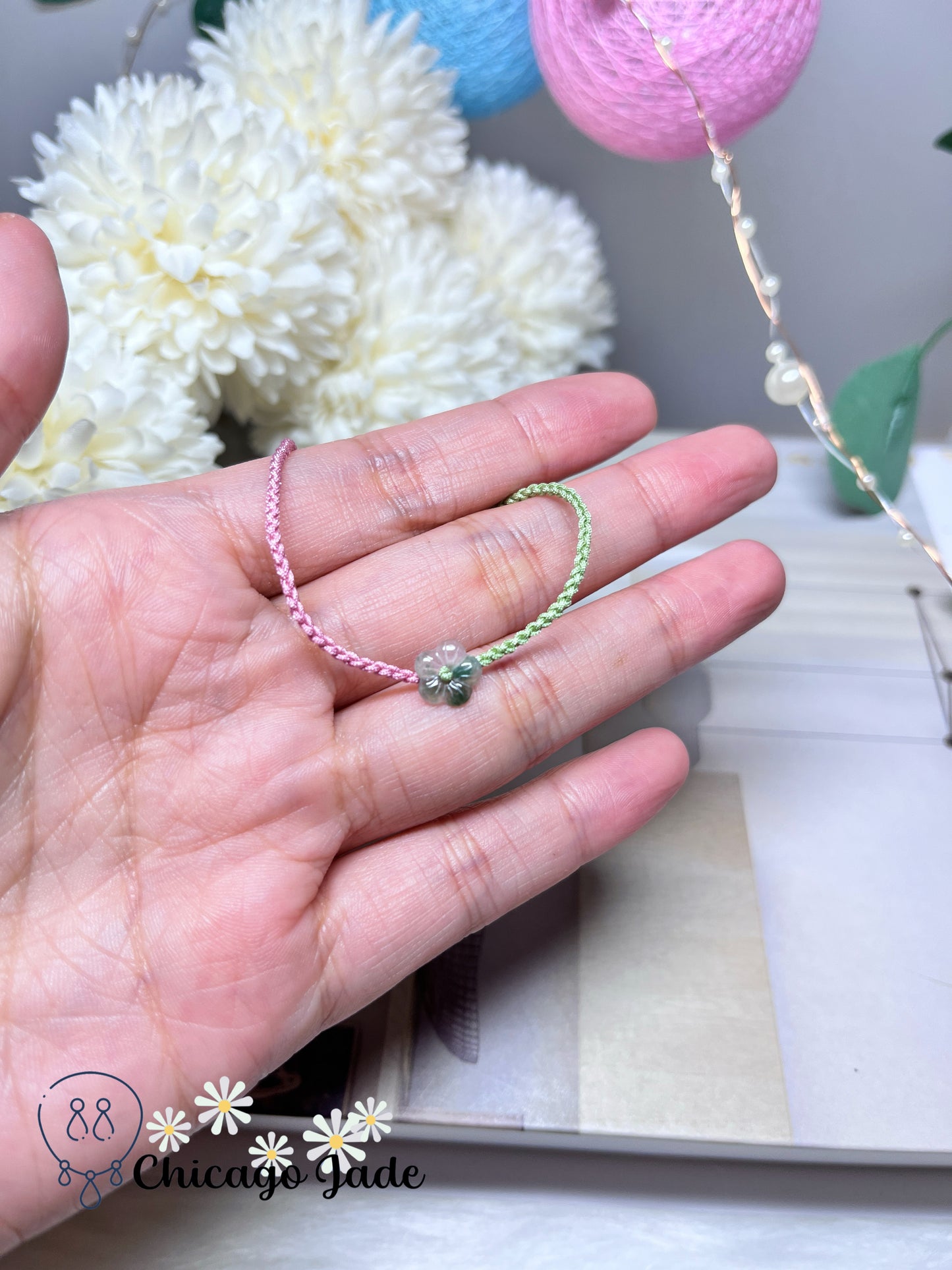 Dainty Gradient Green Icy Jadeite Jade Feicui Flower High Quality Translucent Natural Adjustable Rope Bracelet Handmade Gift