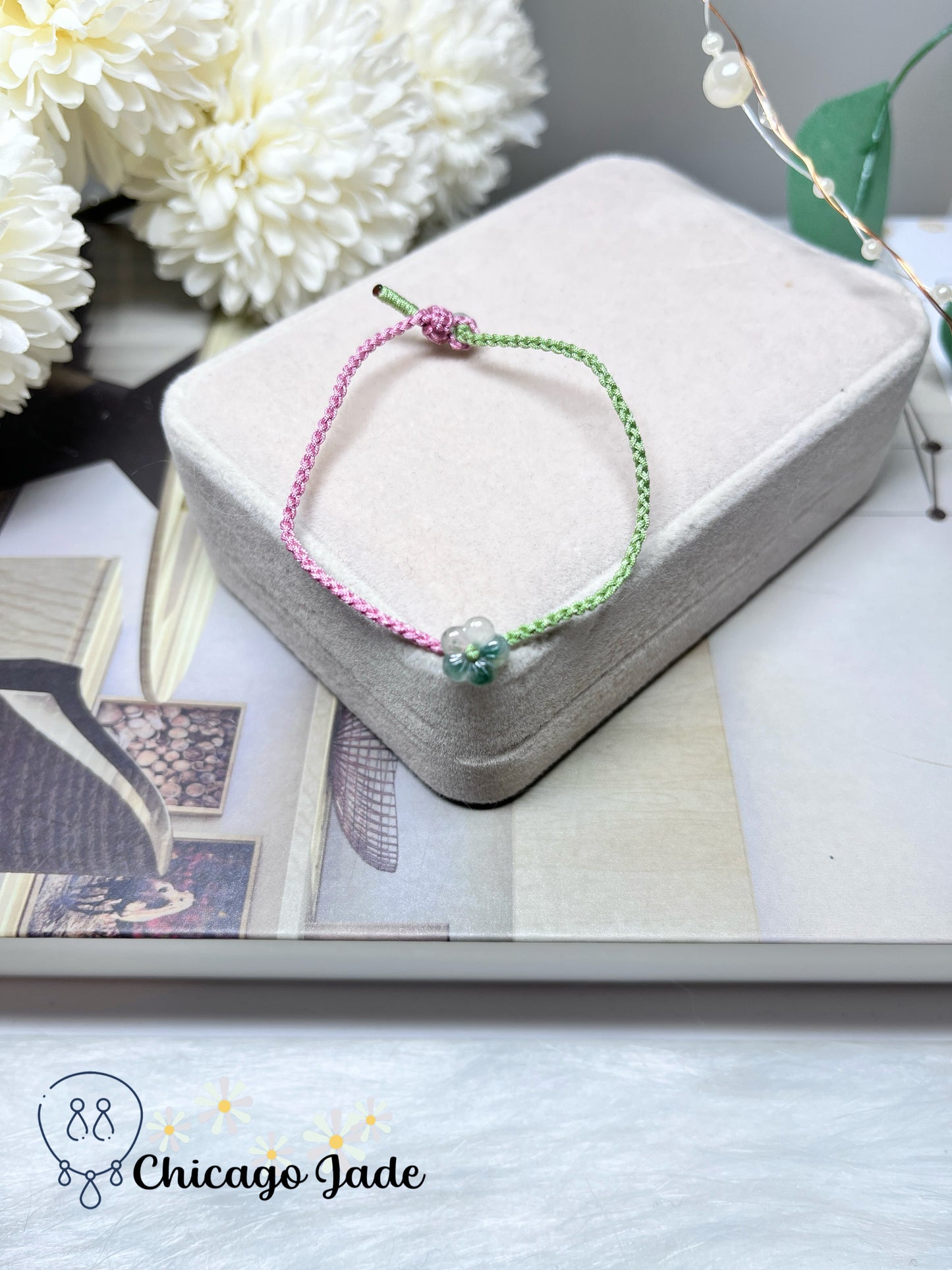 Dainty Gradient Green Icy Jadeite Jade Feicui Flower High Quality Translucent Natural Adjustable Rope Bracelet Handmade Gift