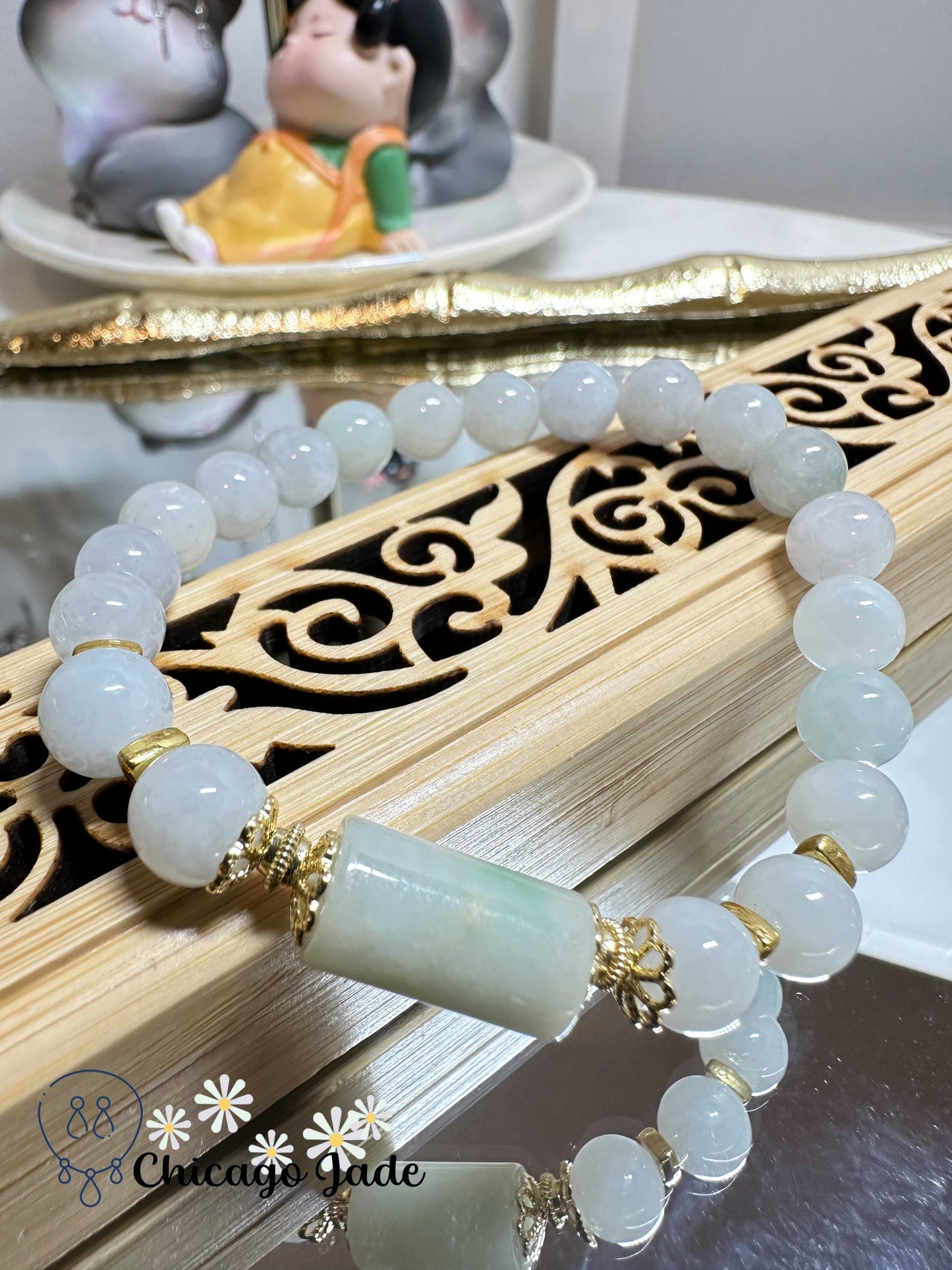 Milky white base with a tint of blue purple jadeite jade beaded bracelet - natural untreated Grade A handmade