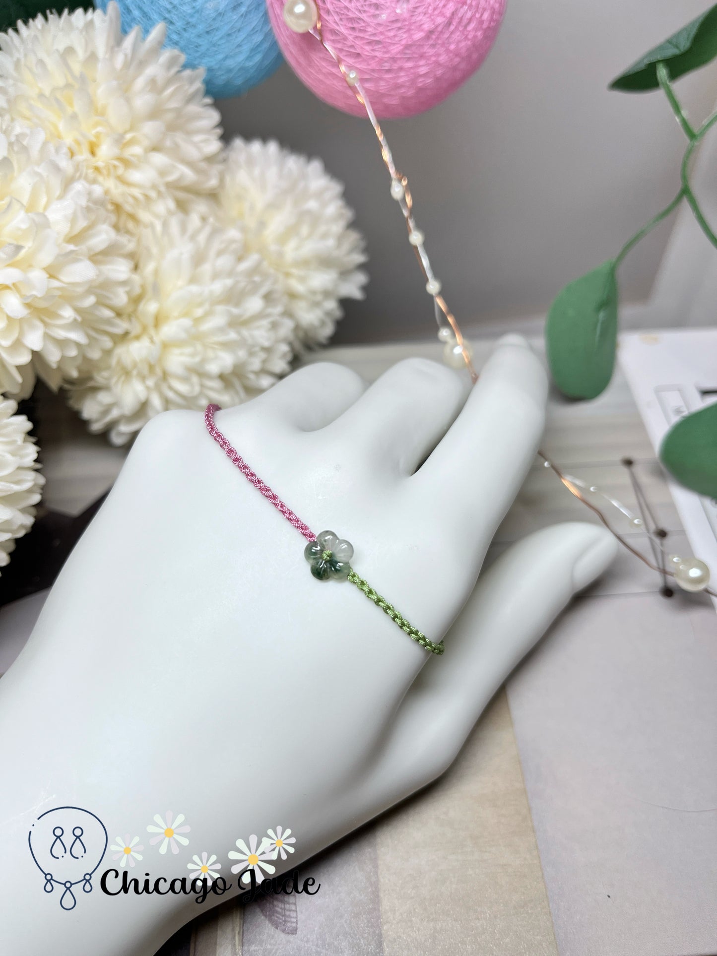 Dainty Gradient Green Icy Jadeite Jade Feicui Flower High Quality Translucent Natural Adjustable Rope Bracelet Handmade Gift