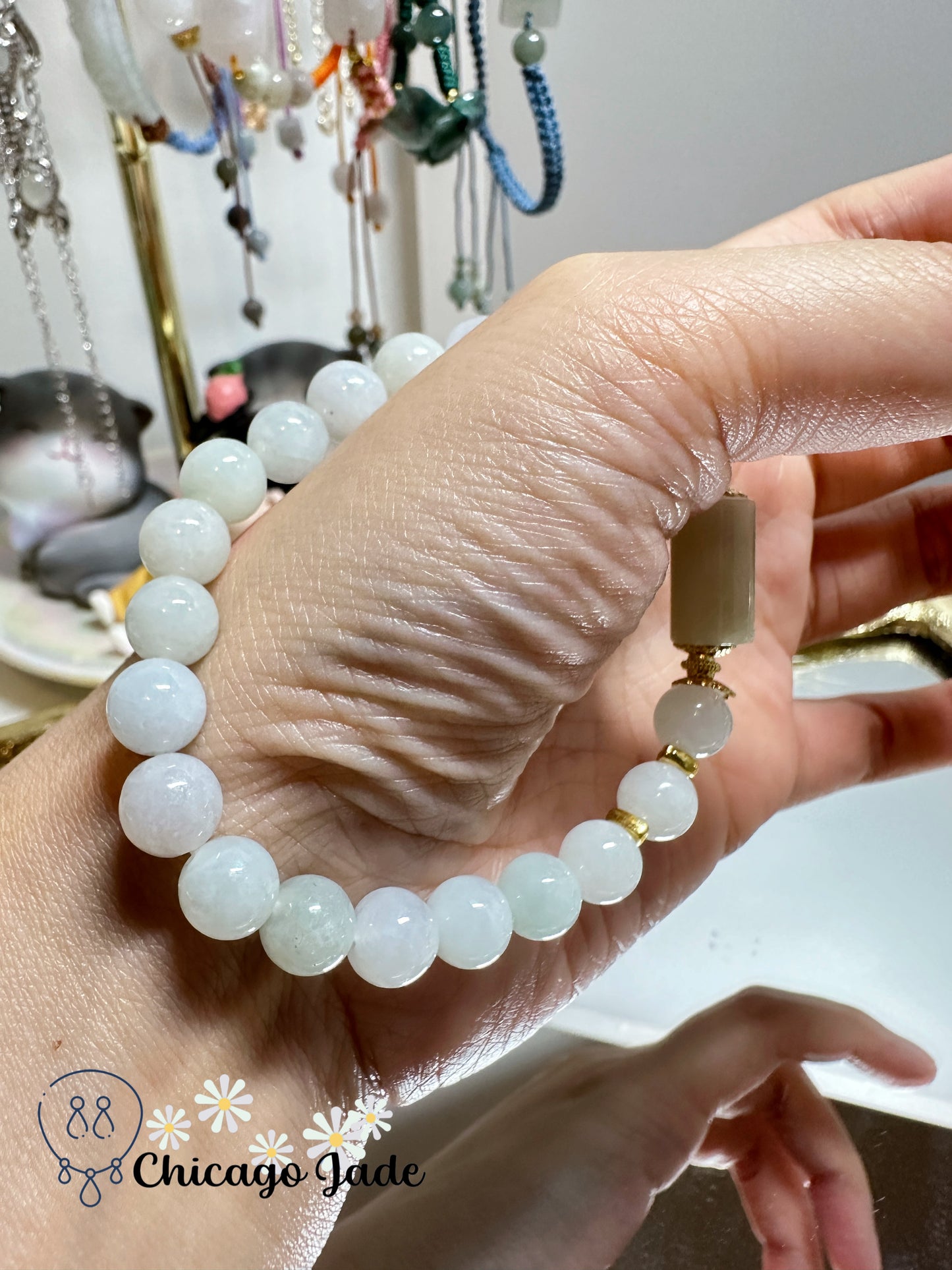 Milky white base with a tint of blue purple jadeite jade beaded bracelet - natural untreated Grade A handmade