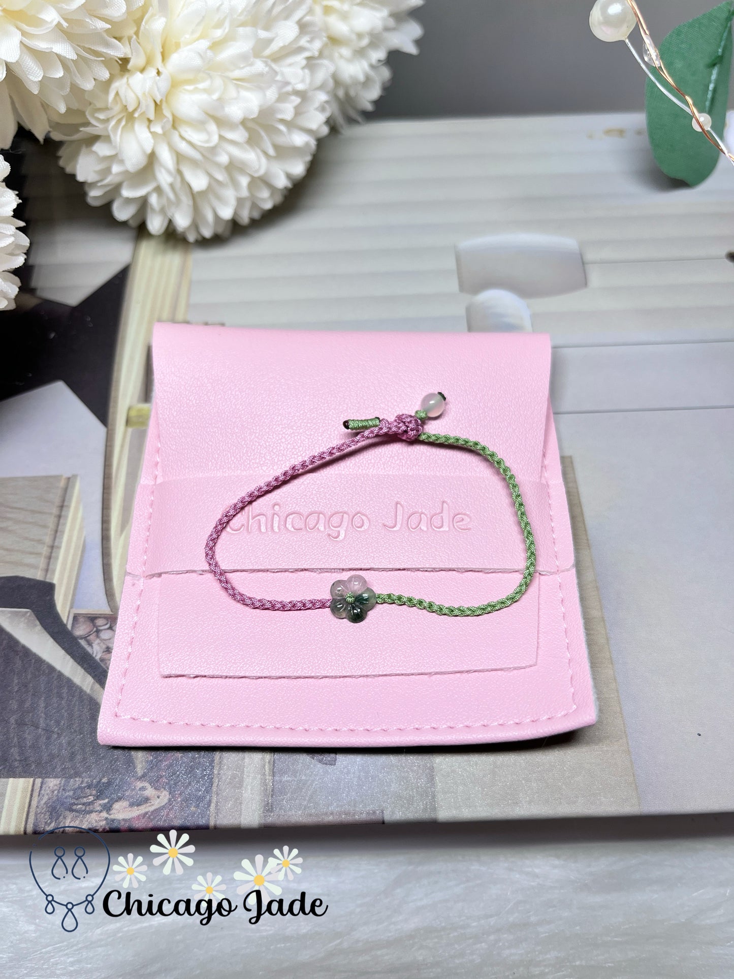 Dainty Gradient Green Icy Jadeite Jade Feicui Flower High Quality Translucent Natural Adjustable Rope Bracelet Handmade Gift