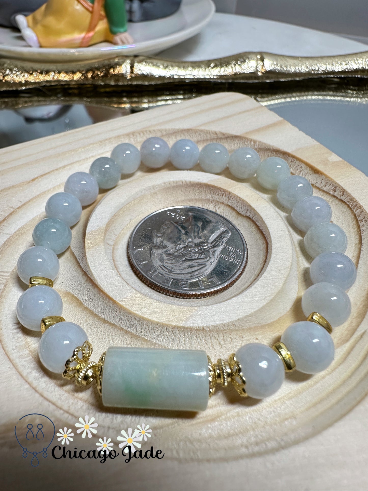 Milky white base with a tint of blue purple jadeite jade beaded bracelet - natural untreated Grade A handmade