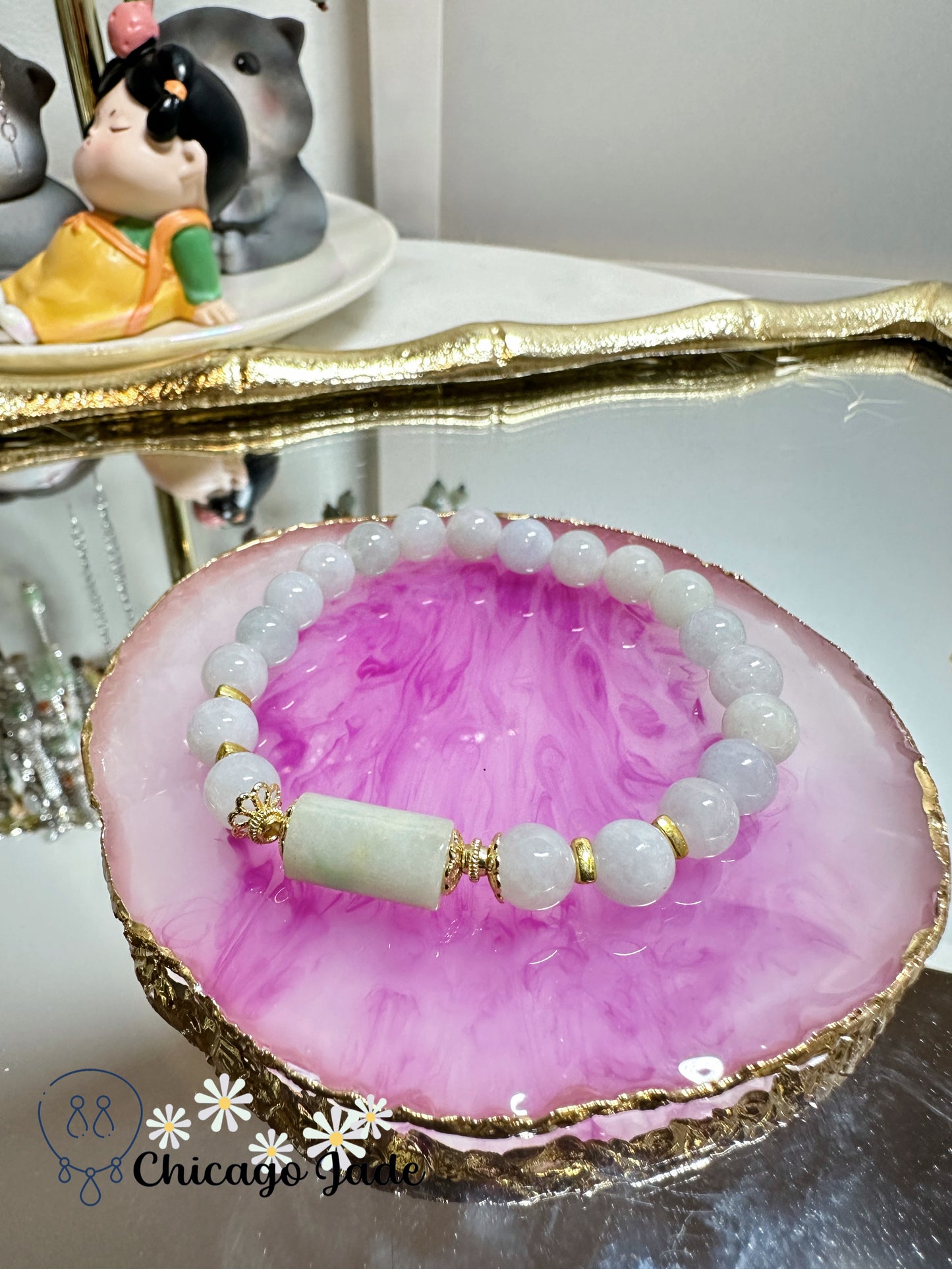 Milky white base with a tint of blue purple jadeite jade beaded bracelet - natural untreated Grade A handmade