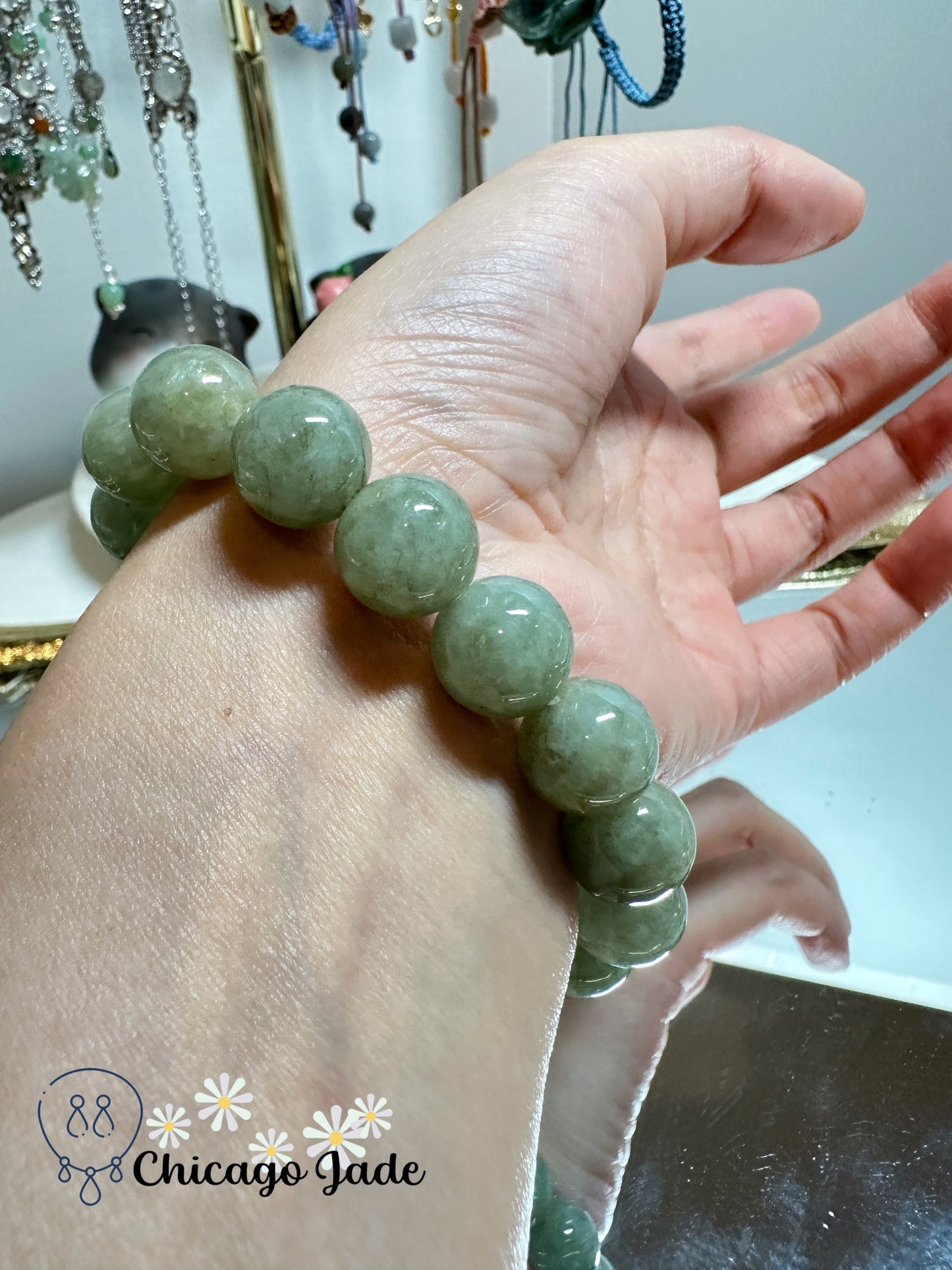 Large round green yellow jadeite jade beaded bracelet - gender neutral handmade Grade A