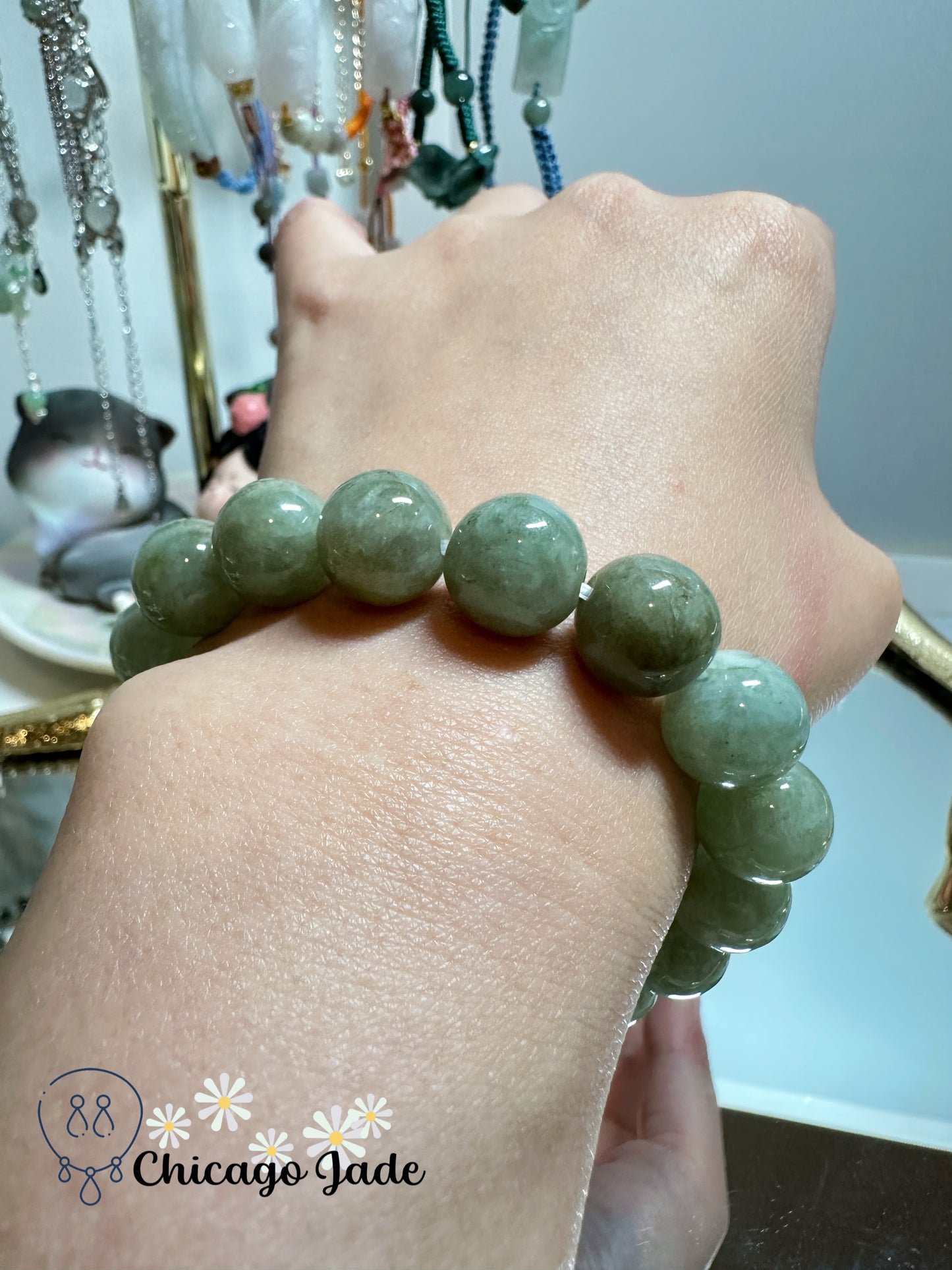 Large round green yellow jadeite jade beaded bracelet - gender neutral handmade Grade A