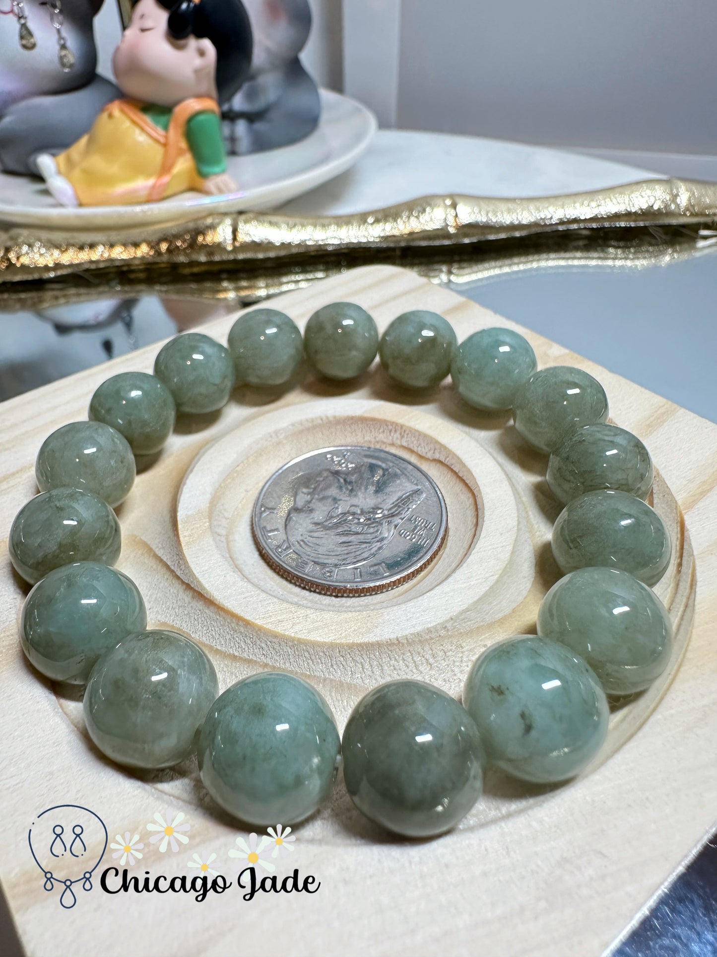 Large round green yellow jadeite jade beaded bracelet - gender neutral handmade Grade A